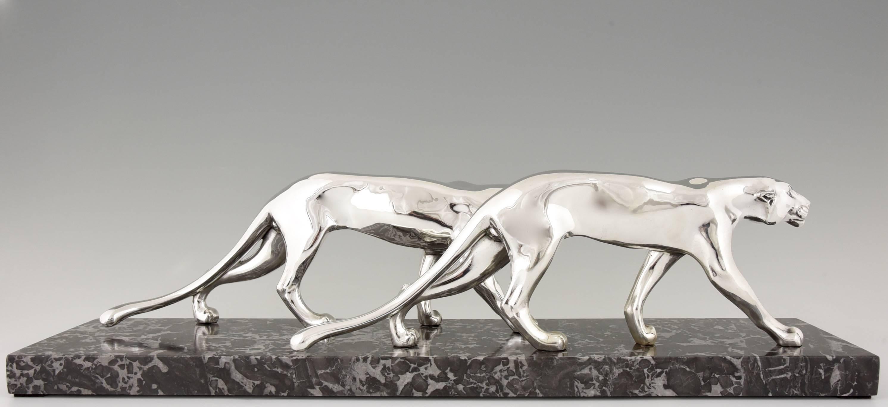 Silvered French Art Deco panther sculpture by M. Font, 1930