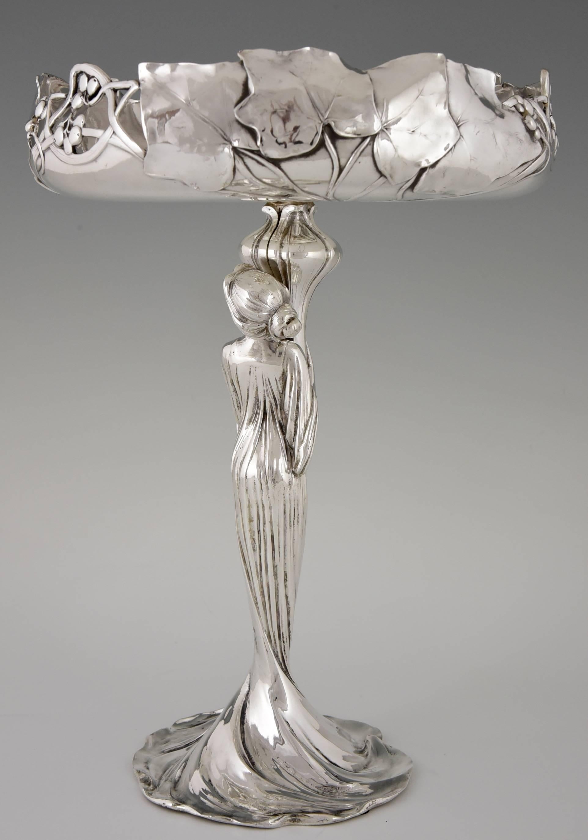 Silvered Centerpiece with Art Nouveau Maiden with Ivy Leaves and Foliage by WMF, 1906