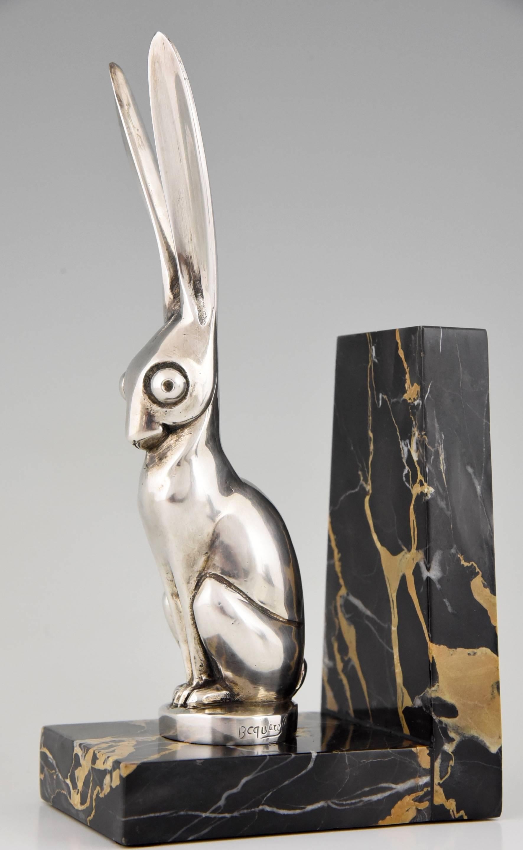 French Art Deco Silvered Bronze Hare Bookends by Becquerel, 1930 2