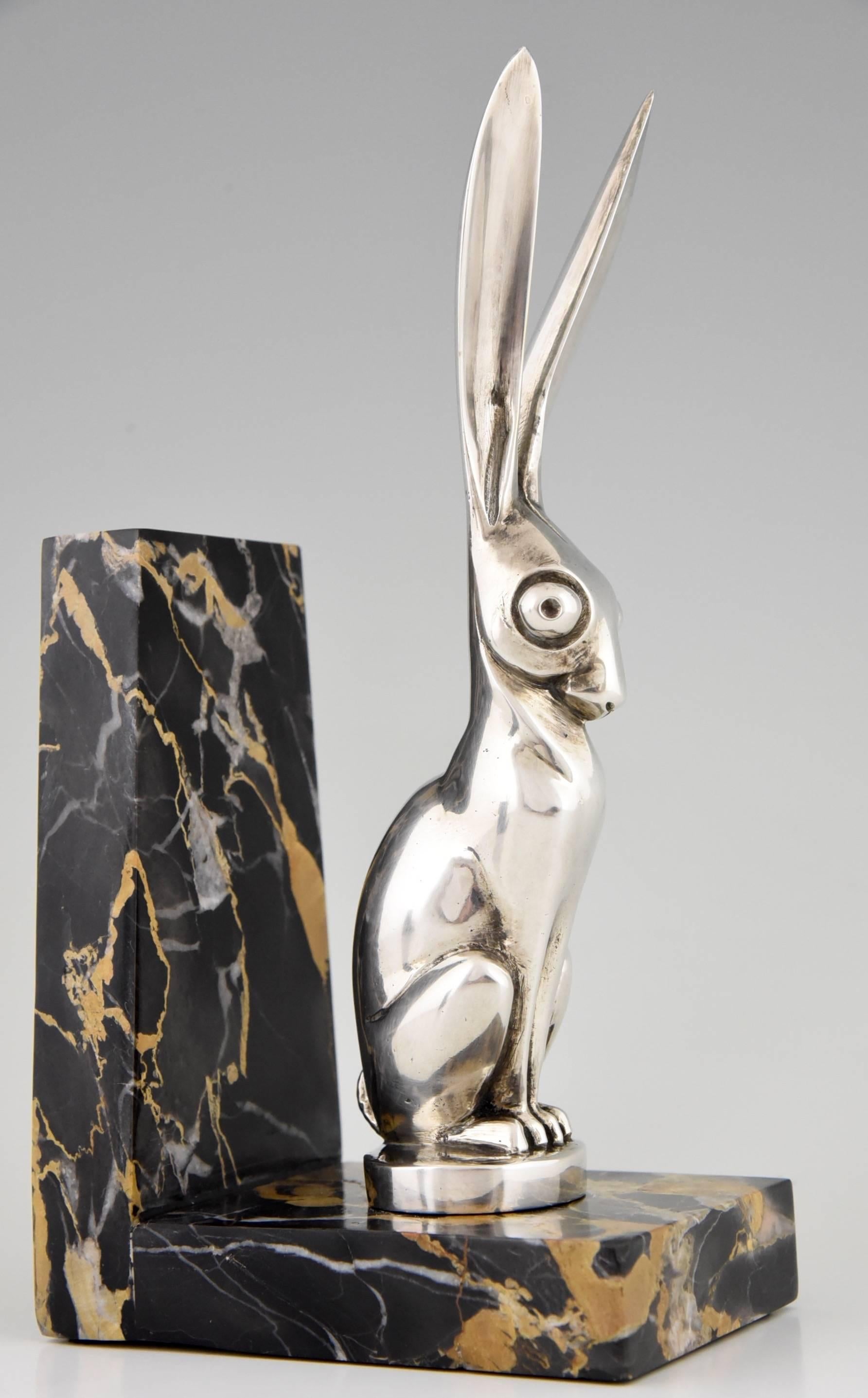 French Art Deco Silvered Bronze Hare Bookends by Becquerel, 1930 3