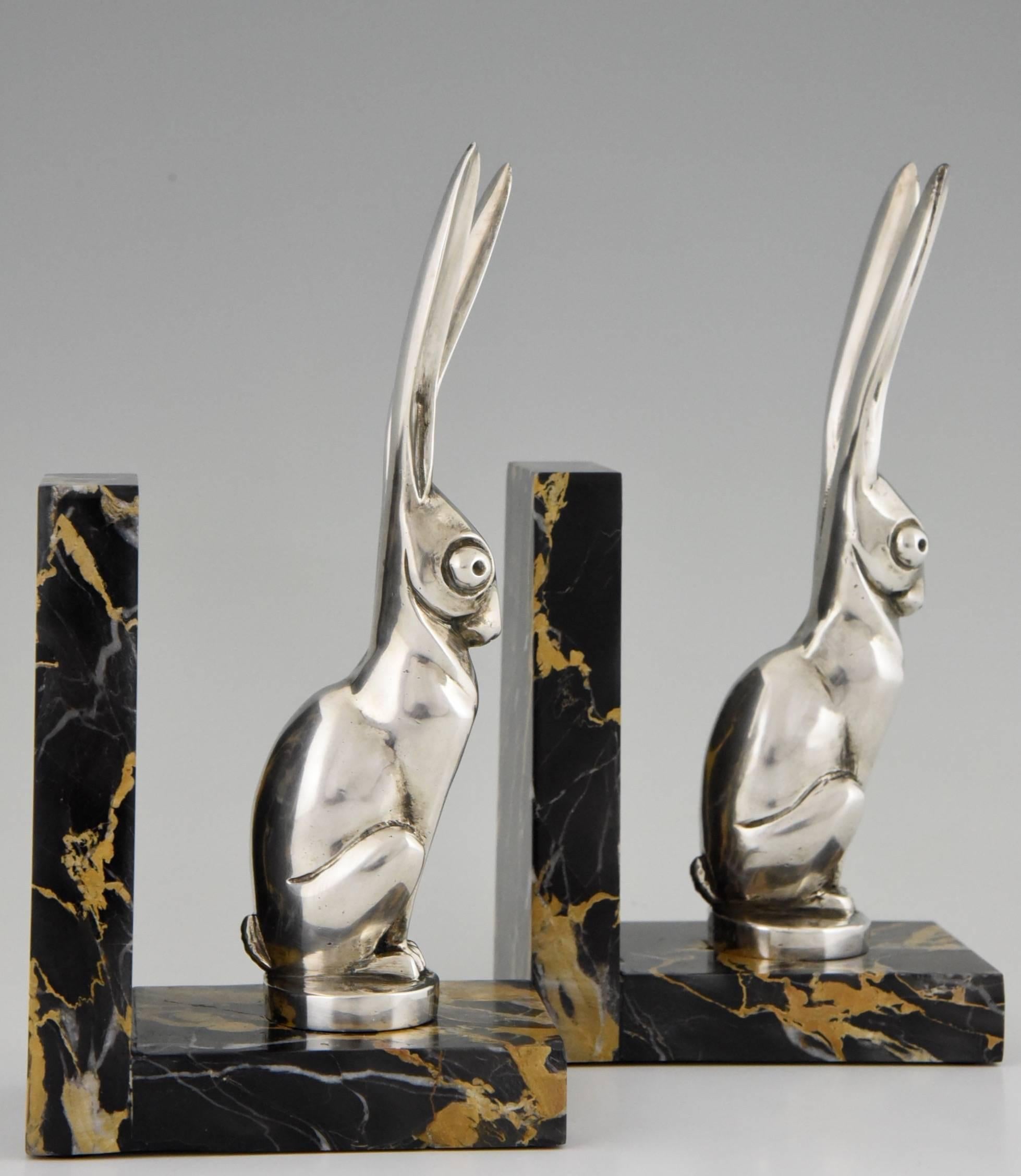 French Art Deco Silvered Bronze Hare Bookends by Becquerel, 1930 1