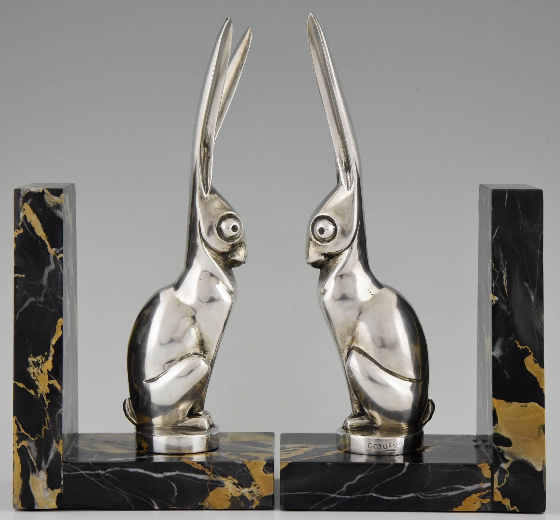 20th Century French Art Deco Silvered Bronze Hare Bookends by Becquerel, 1930