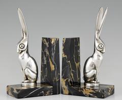 French Art Deco Silvered Bronze Hare Bookends by Becquerel, 1930