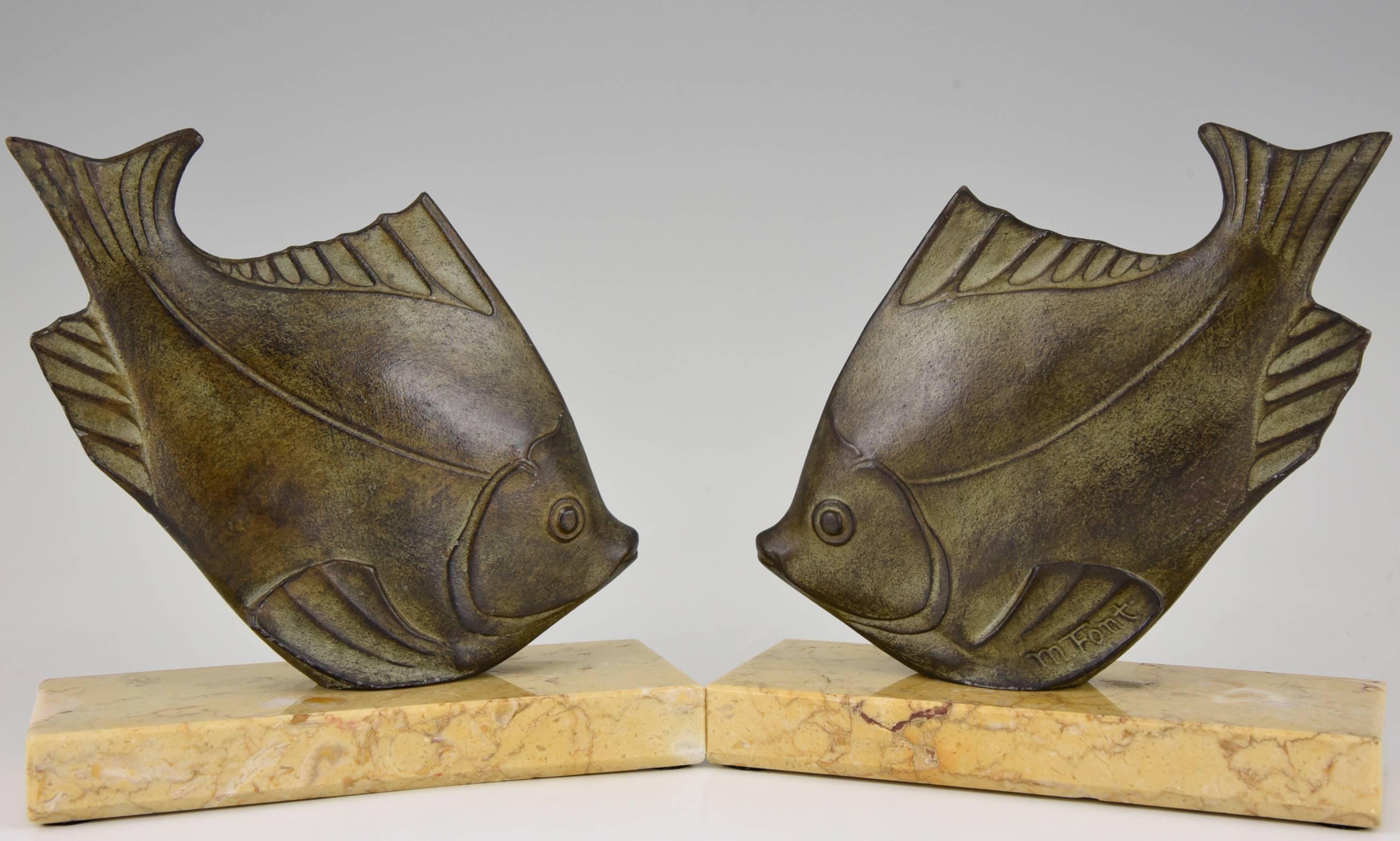 Patinated French Art deco fish bookends by M. Font 1930