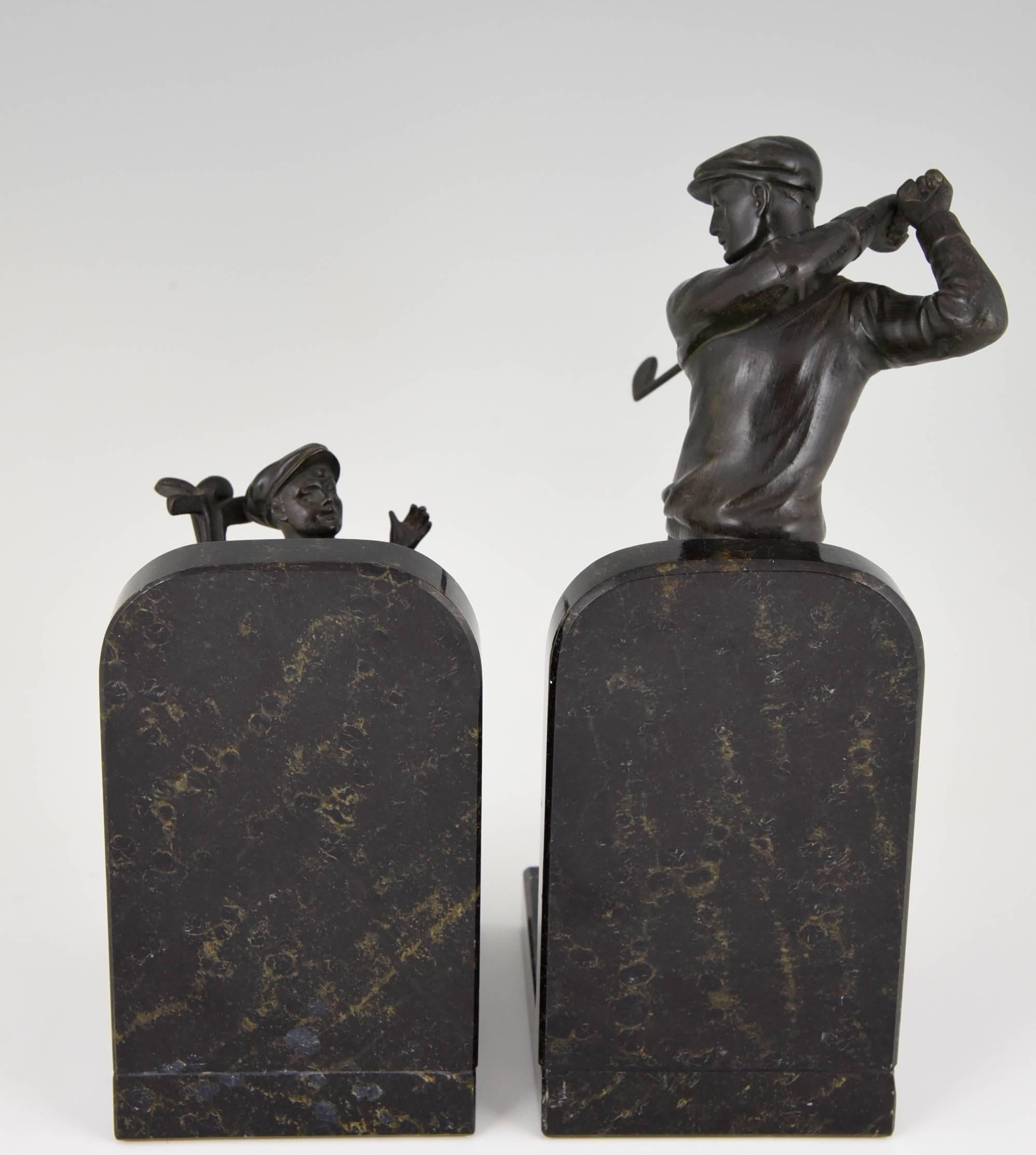 Patinated French Art Deco bookends golfer with caddy, 1930