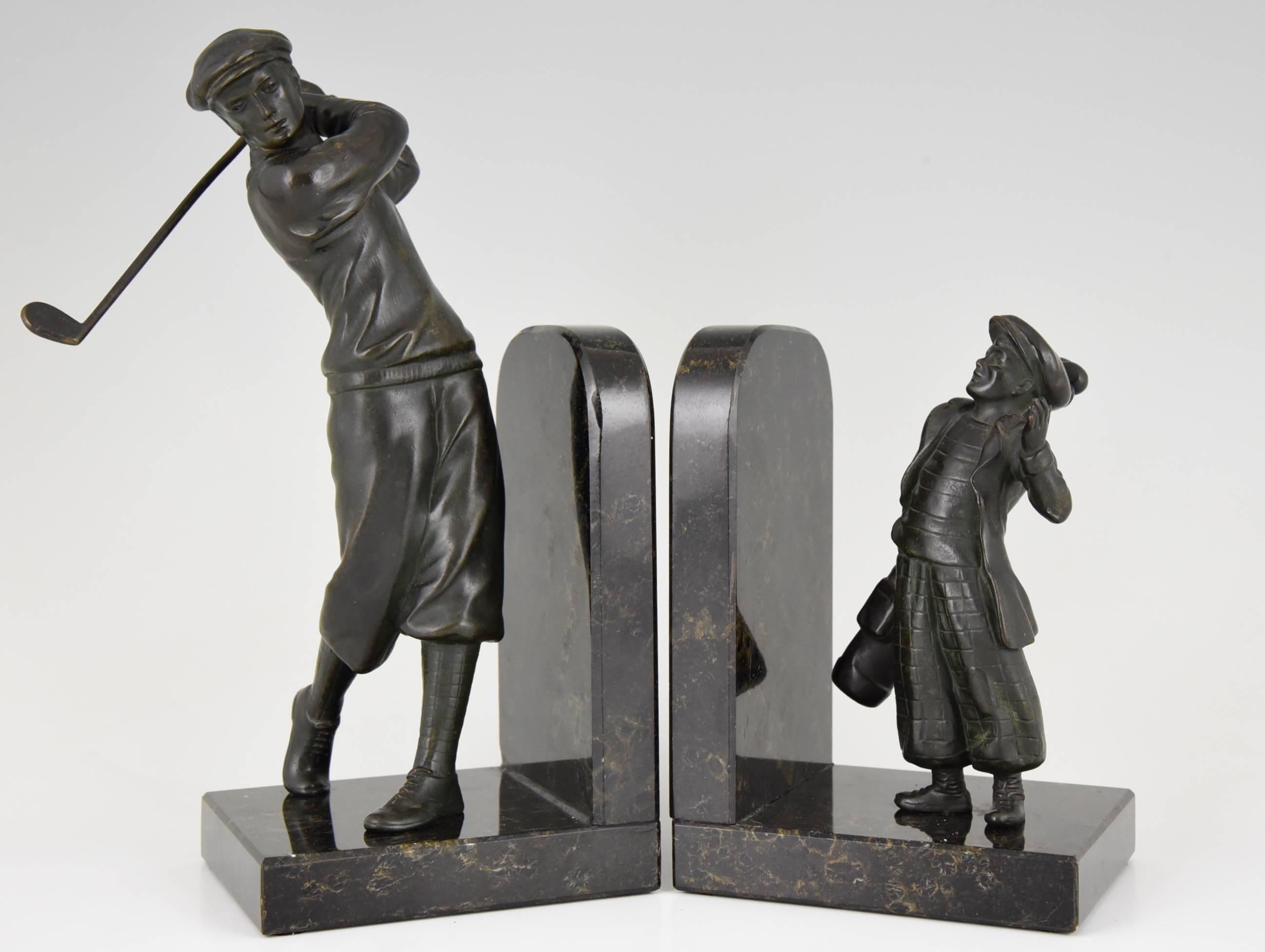 Description:  Art Deco bookends golfer with caddy. 
Style:  Art Deco.		
Date:  1930.
Material: Green patinated metal.  Marble bases.
Origin:  France.			
Size of golfer:		 
H. 9.3 inch x L. 4.3 inch x W. 3.5 inch
 H. 23.5 cm. x L. 11 cm. x W.