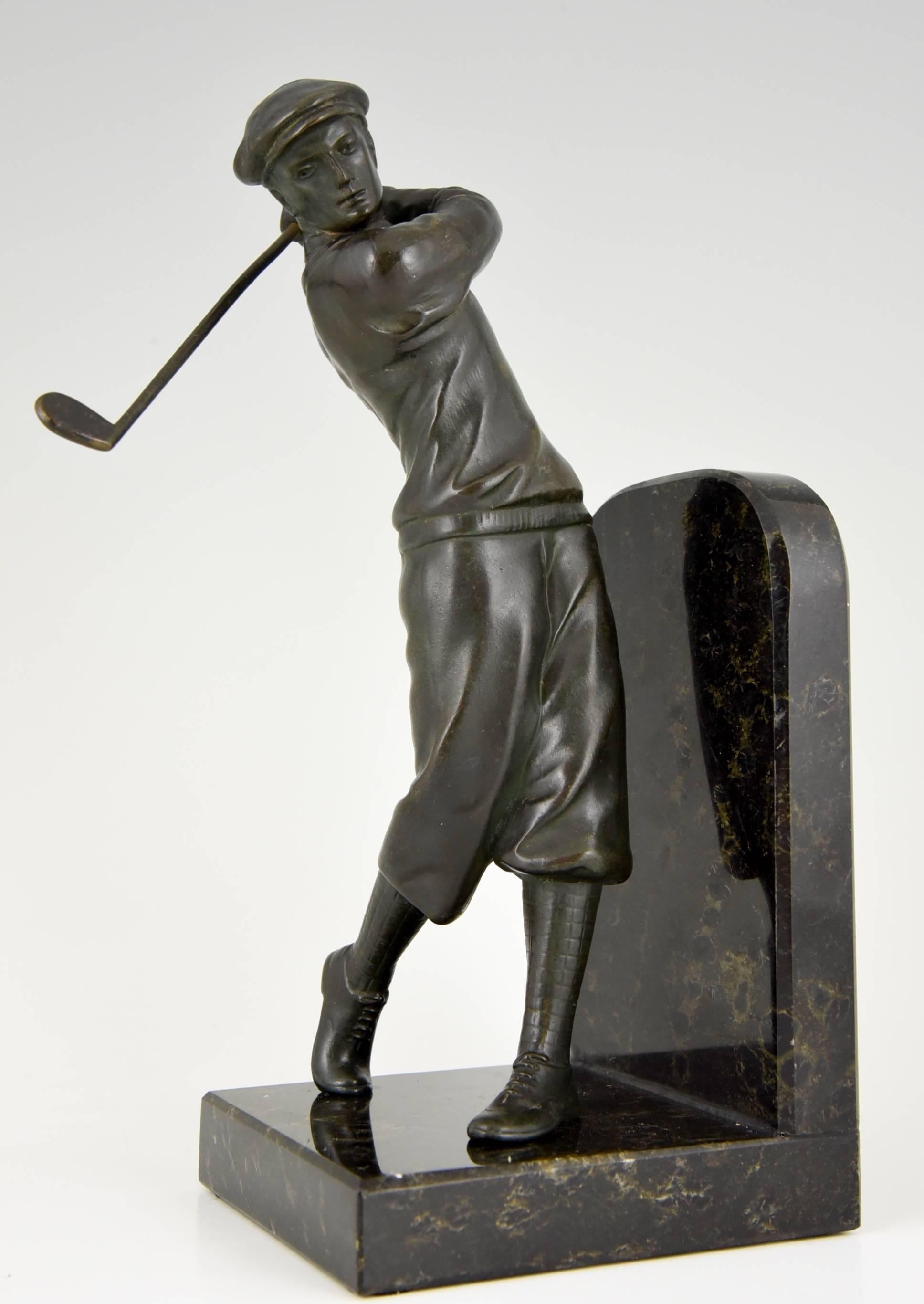 20th Century French Art Deco bookends golfer with caddy, 1930