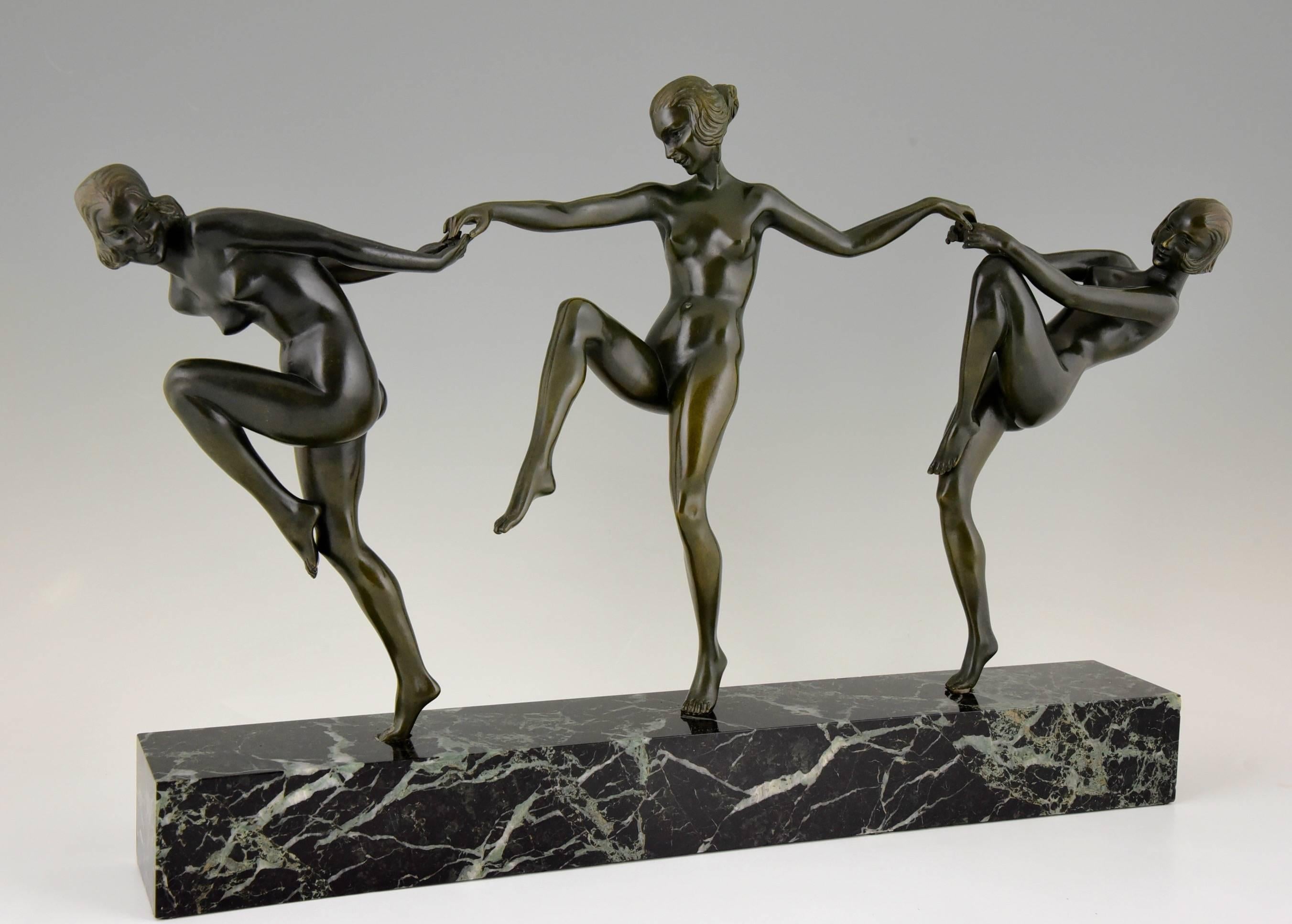 Description: “Farandole”  Bronze Art Deco sculpture of 3 dancing nudes. 
Artist/ Maker: Pierre Laurel.
Signature/ Marks: P. Laurel.  Foundry seal. Les neveux de J. Lehmann, Paris. 
Style: Art deco.
Condition:  Good original condition, see
