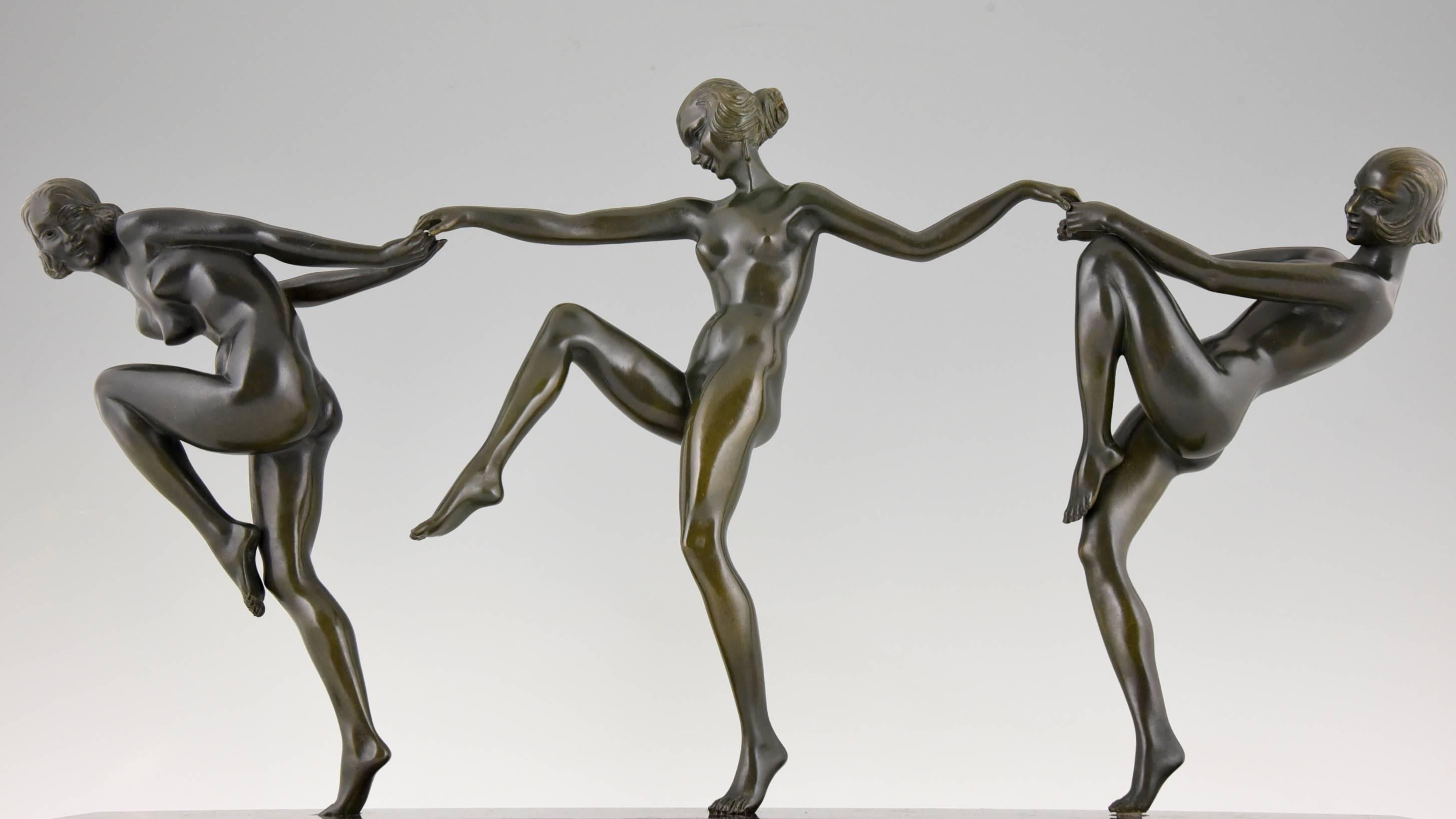 Patinated Pierre Laurel Art Deco bronze sculpture dancing nudes, 1930
