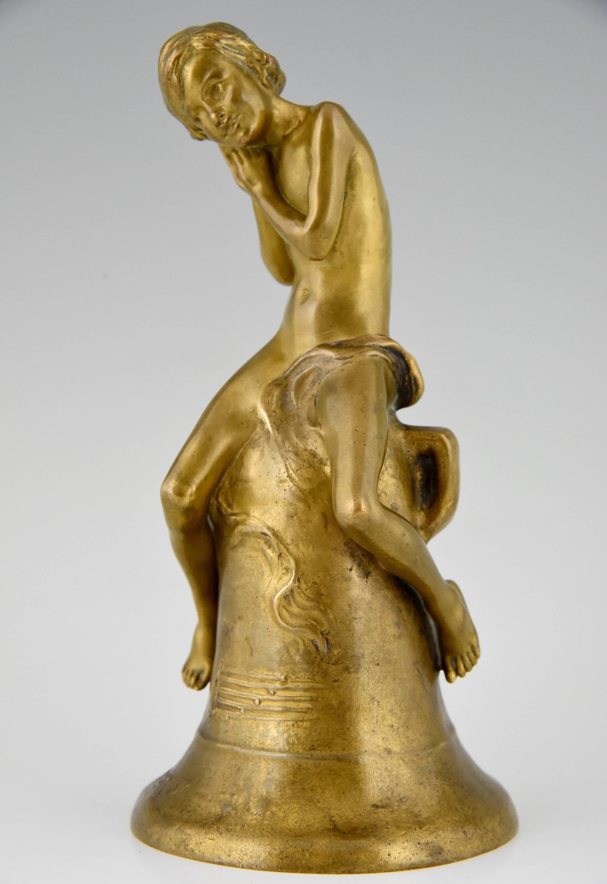 Description: Antique gilt bronze sculpture of a boy on a bell. 
Artist/Maker:  Henri Pernot. 
Signature/Marks: Pernot. Susse Freres foundry seal.
Style:  Art Nouveau. 
Date:  1910.
Material: Bronze gilded. 
Origin:  France. 
Size:  
H 7.5