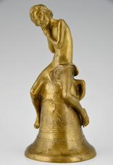 Pernot, Art Nouveau Bronze Sculpture of a Nude Boy on a Bell, France, 1910