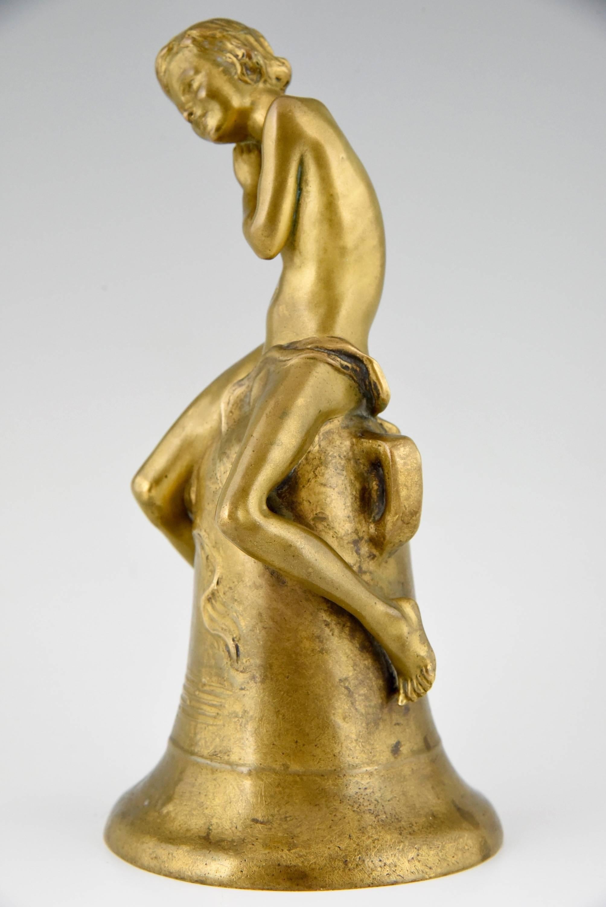 Early 20th Century Pernot, Art Nouveau Bronze Sculpture of a Nude Boy on a Bell, France, 1910