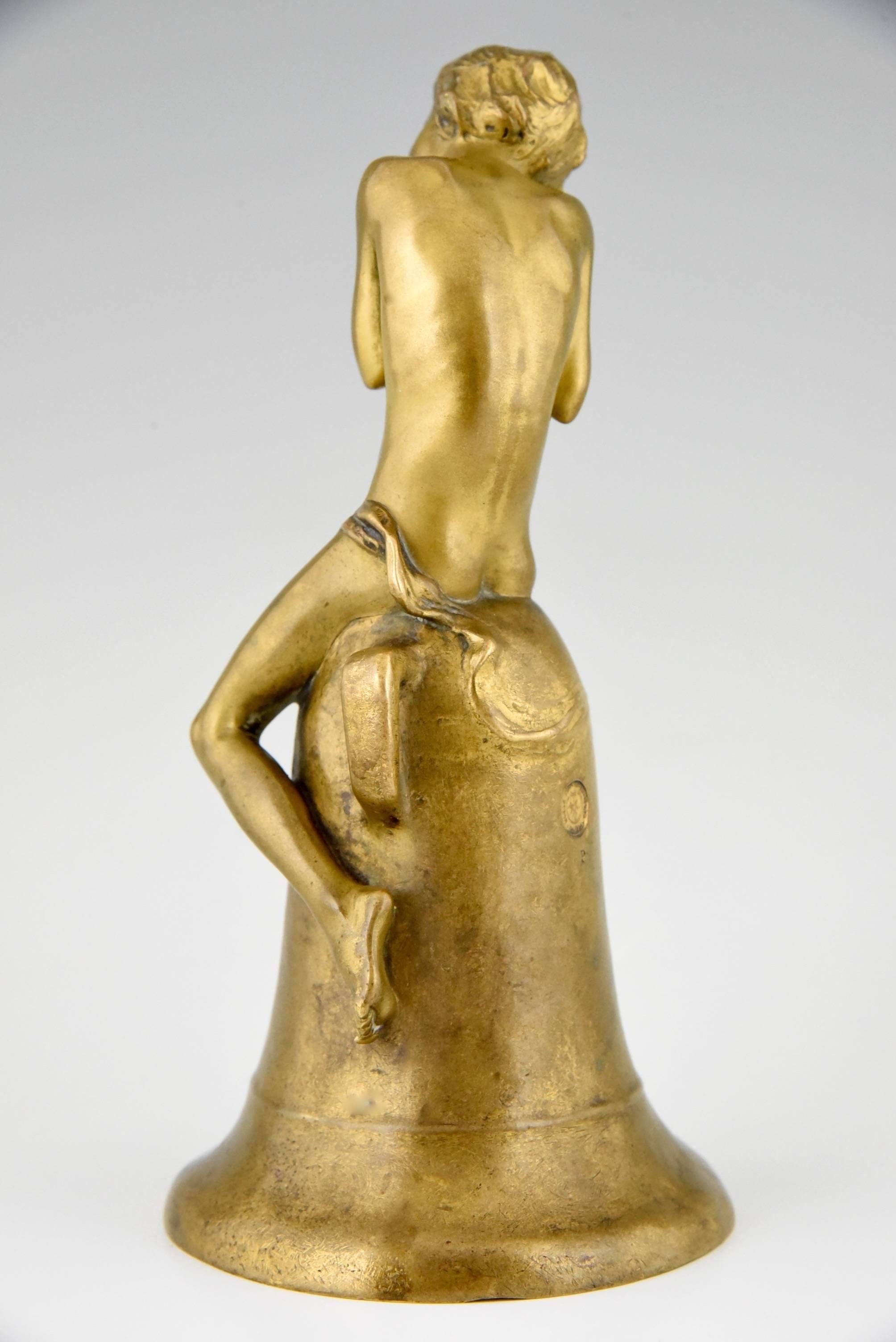 French Pernot, Art Nouveau Bronze Sculpture of a Nude Boy on a Bell, France, 1910