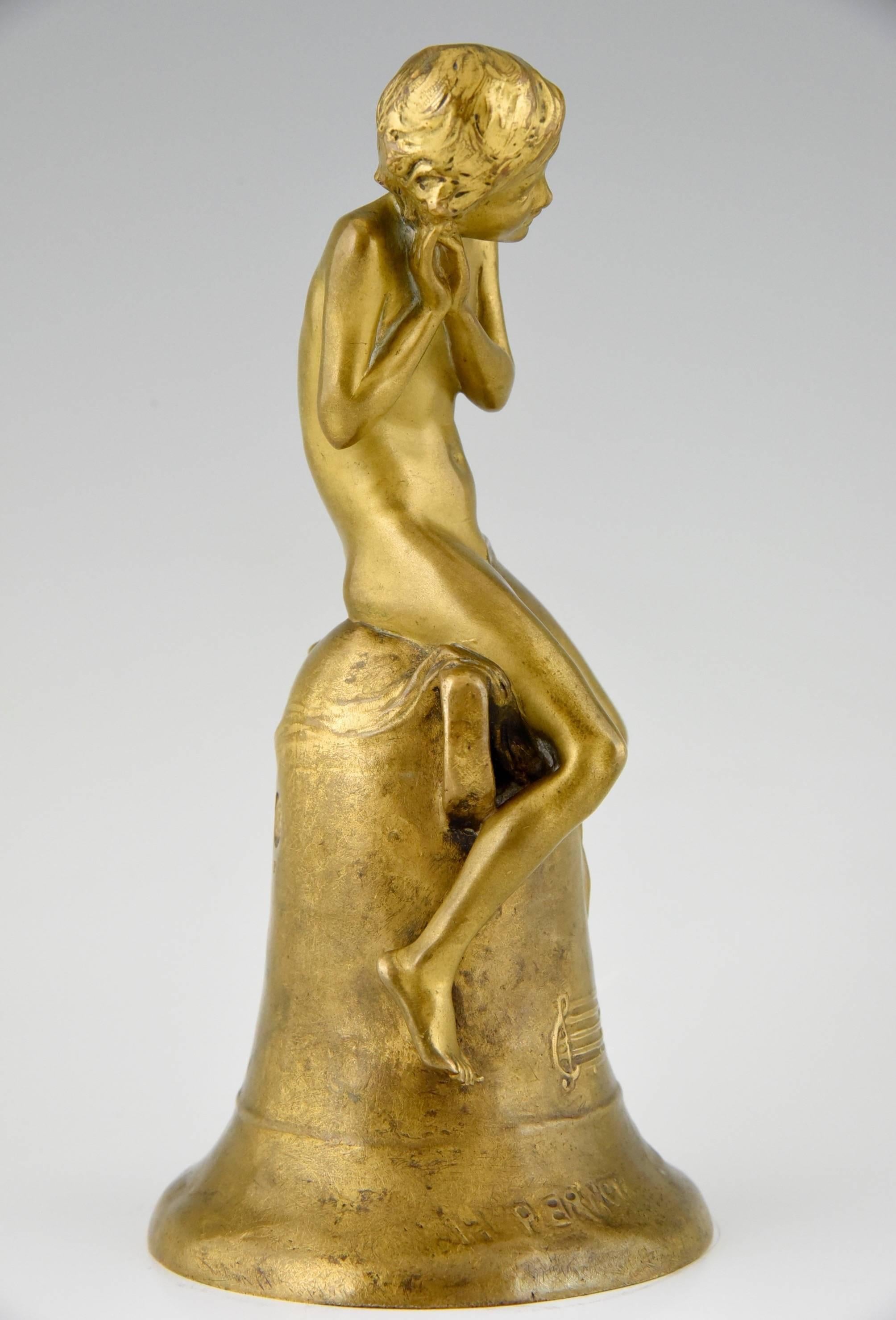 Pernot, Art Nouveau Bronze Sculpture of a Nude Boy on a Bell, France, 1910 1