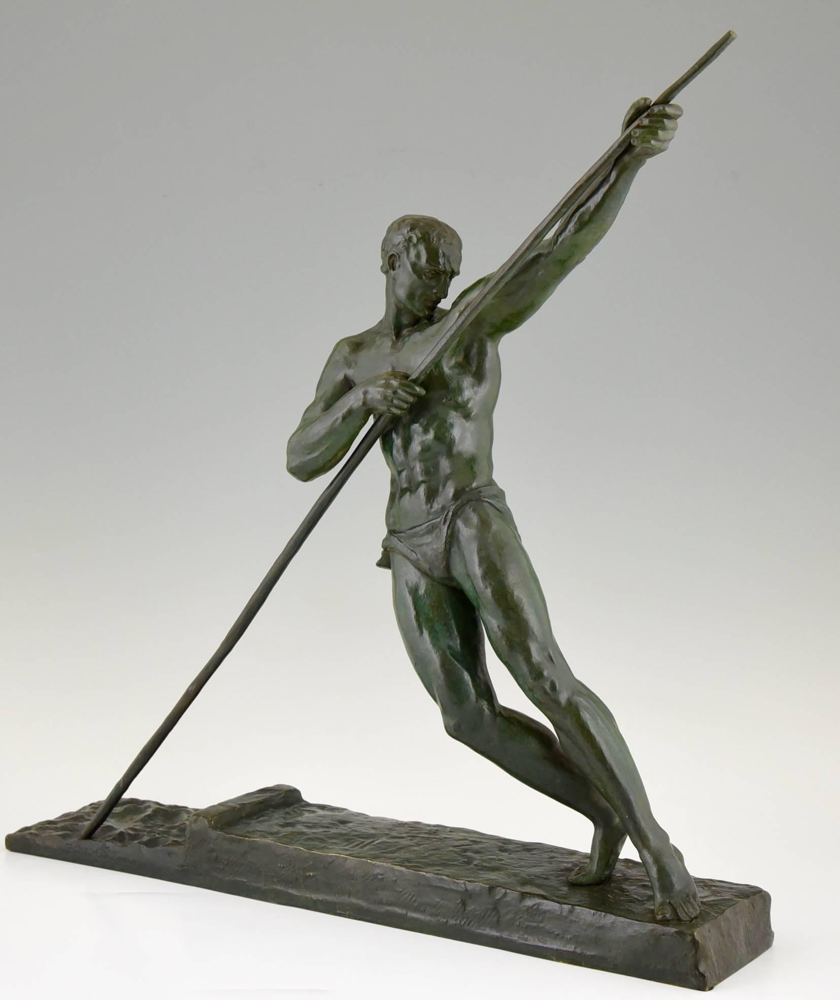 Description: Art Deco bronze of an athlete with pole. 
Artist/ Maker: Pierre Le Faguays.
Signature/ Marks:  
Le Faguays.  
Edited by “Les Neveux de Lehmann”  
Seal LN Paris JL. S
tamped Bronze  Numbered. 
Style: Art deco.
Condition:  Good