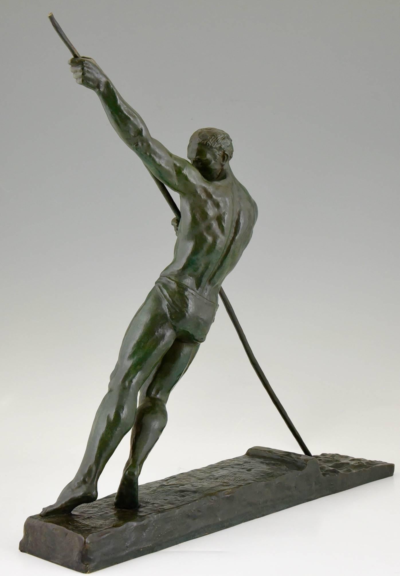 French Pierre Le Faguays Art Deco bronze sculpture of an athlete with pole, 1925