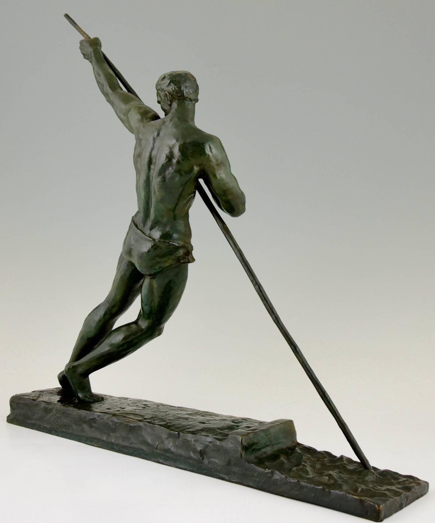 Bronze Pierre Le Faguays Art Deco bronze sculpture of an athlete with pole, 1925