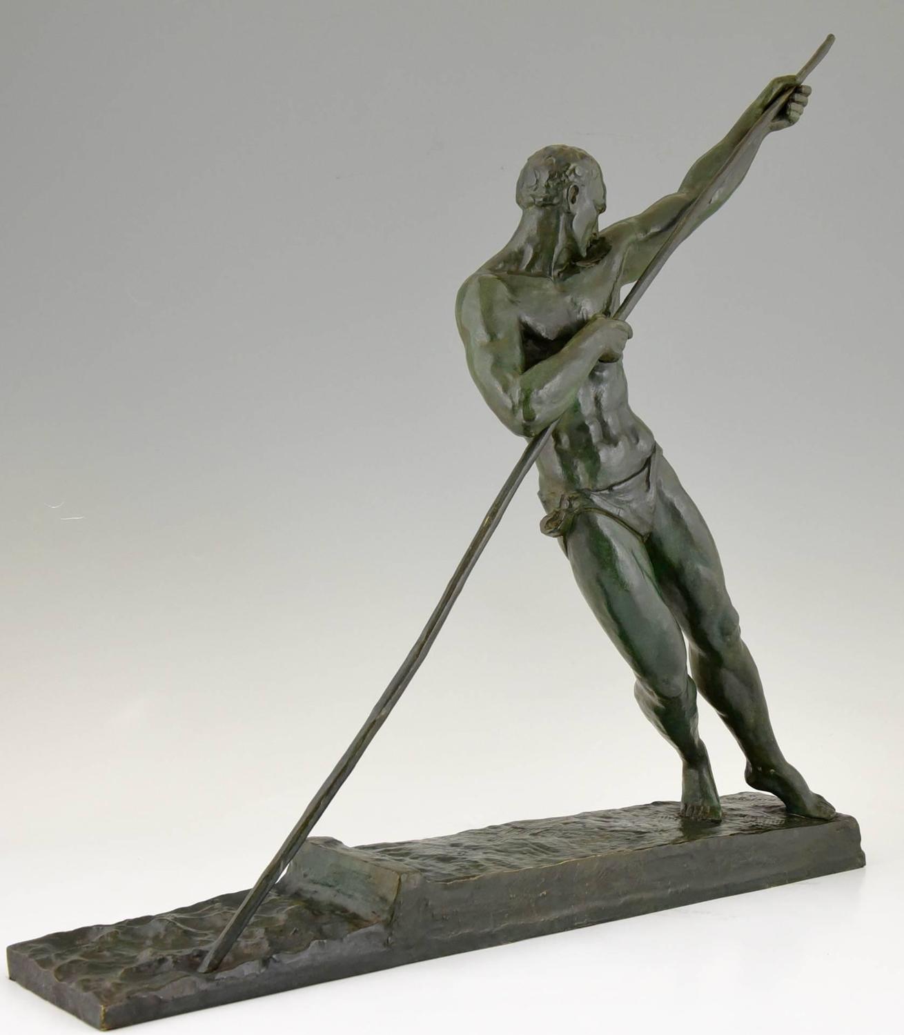 Pierre Le Faguays Art Deco bronze sculpture of an athlete with pole ...