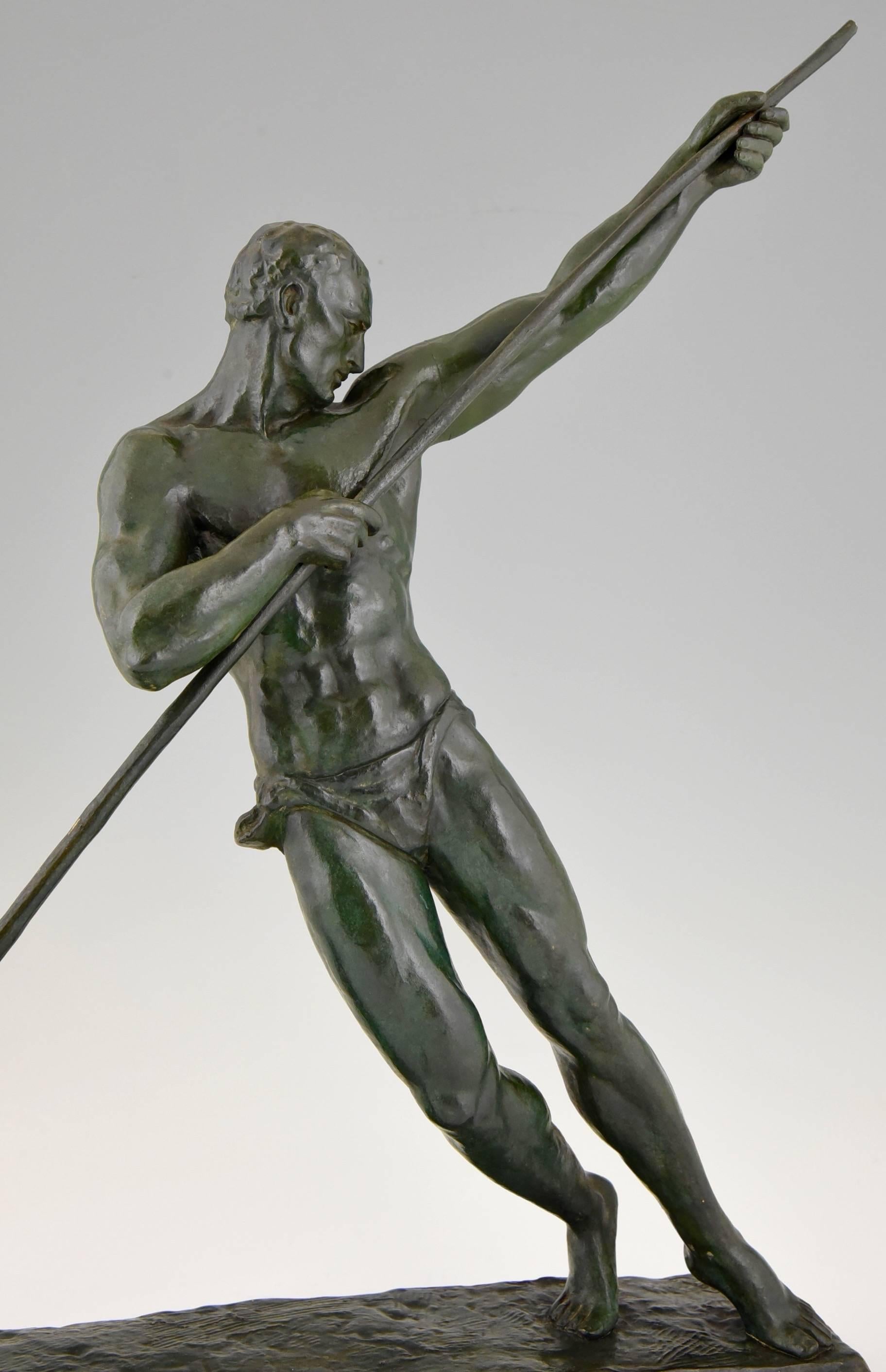 Early 20th Century Pierre Le Faguays Art Deco bronze sculpture of an athlete with pole, 1925