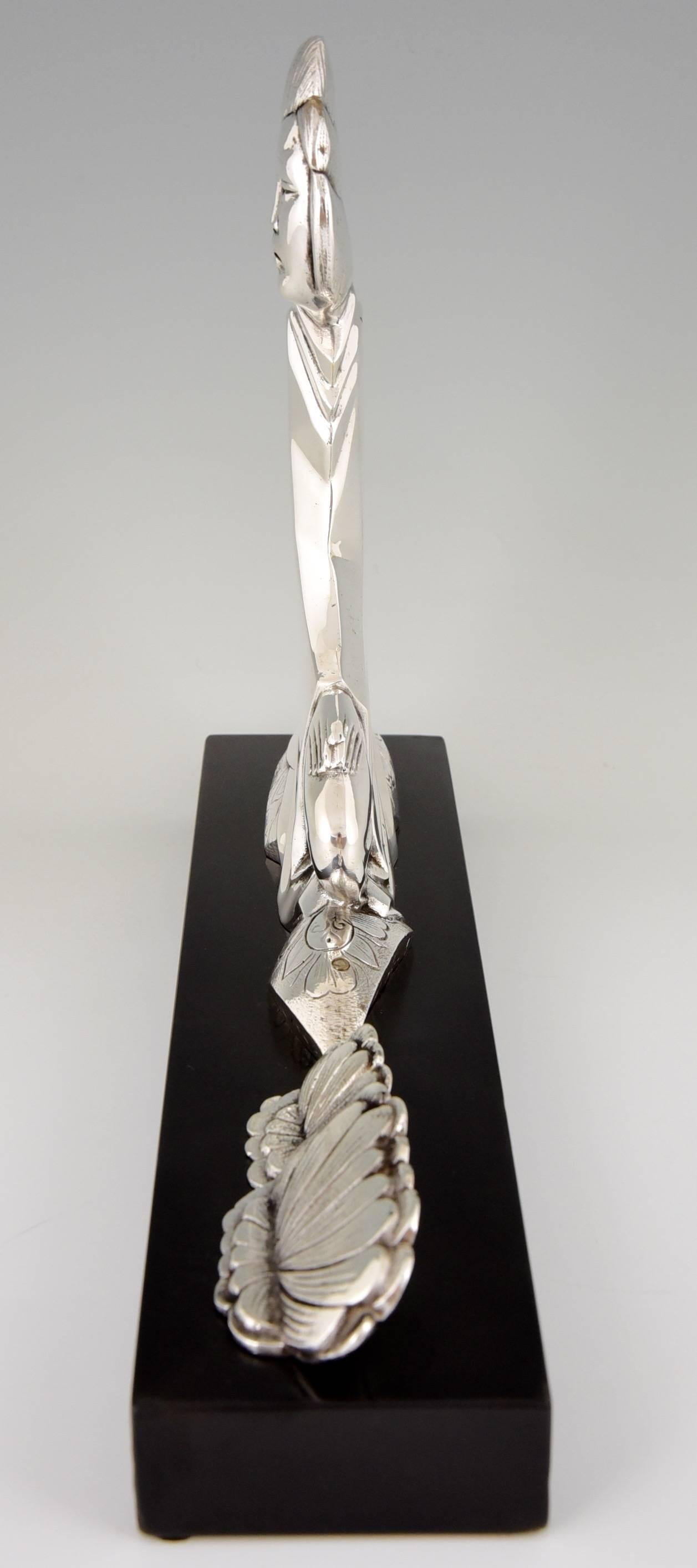 20th Century Berjean, French Art Deco Silvered Bronze Sculpture with Oriental Lady, 1930