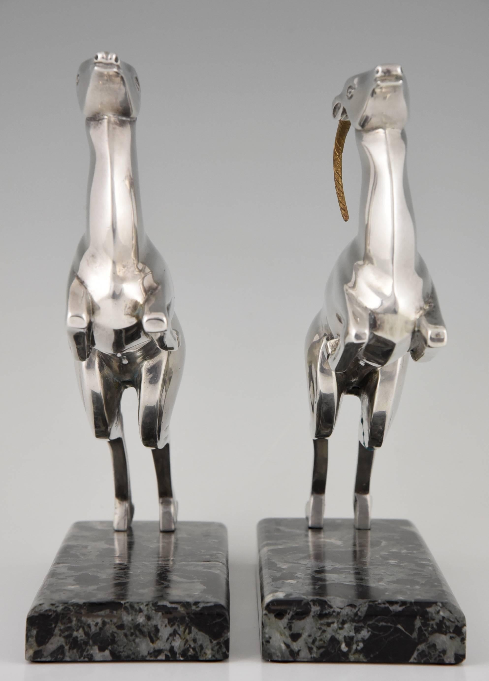 Marcel Bouraine French Art Deco Silvered Bronze Deer Bookends 1930 France 1