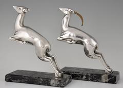 Marcel Bouraine French Art Deco Silvered Bronze Deer Bookends 1930 France