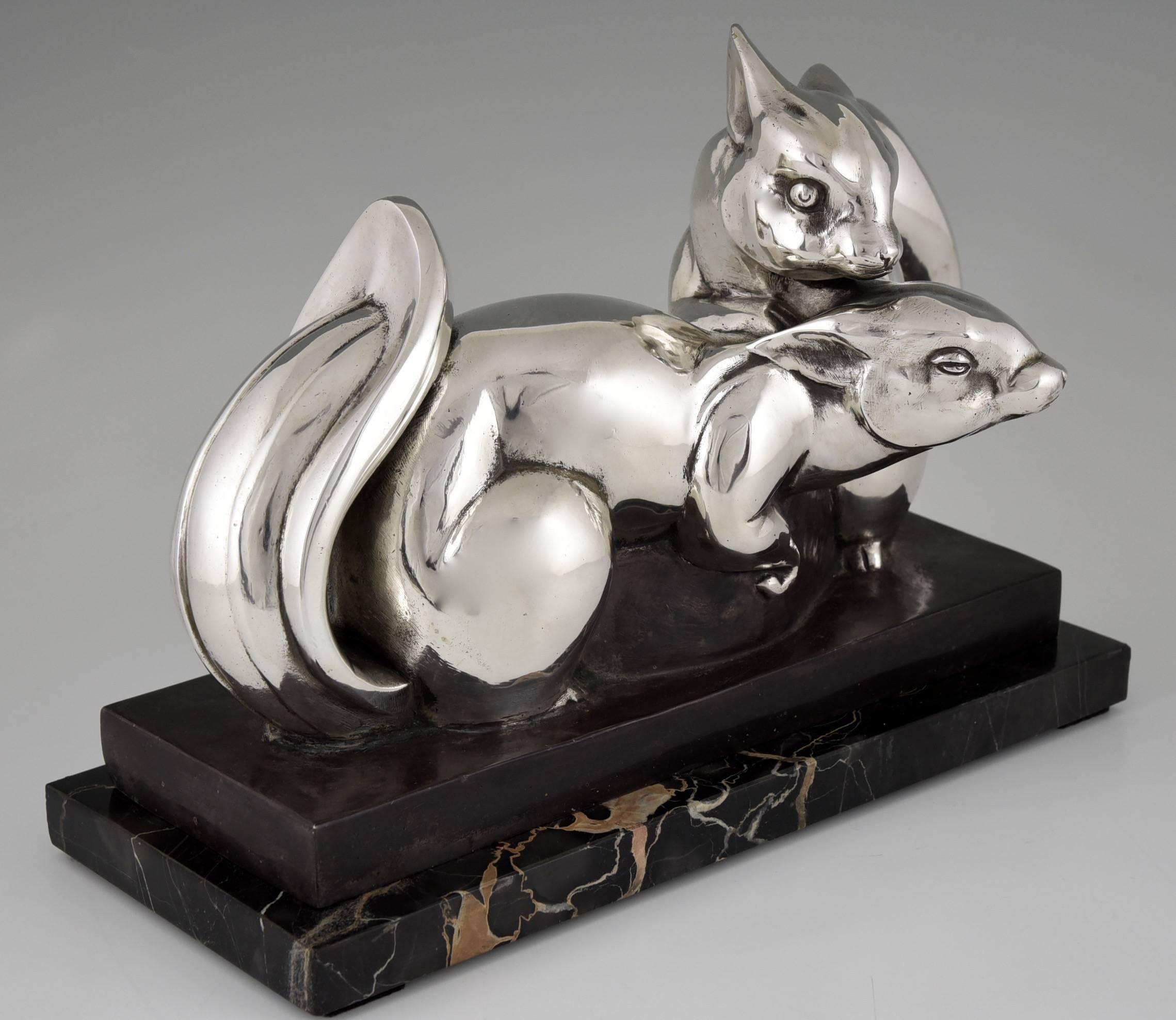 20th Century Jean de la Fontinelle Art Deco Silvered Bronze Squirrel Sculpture France 1930