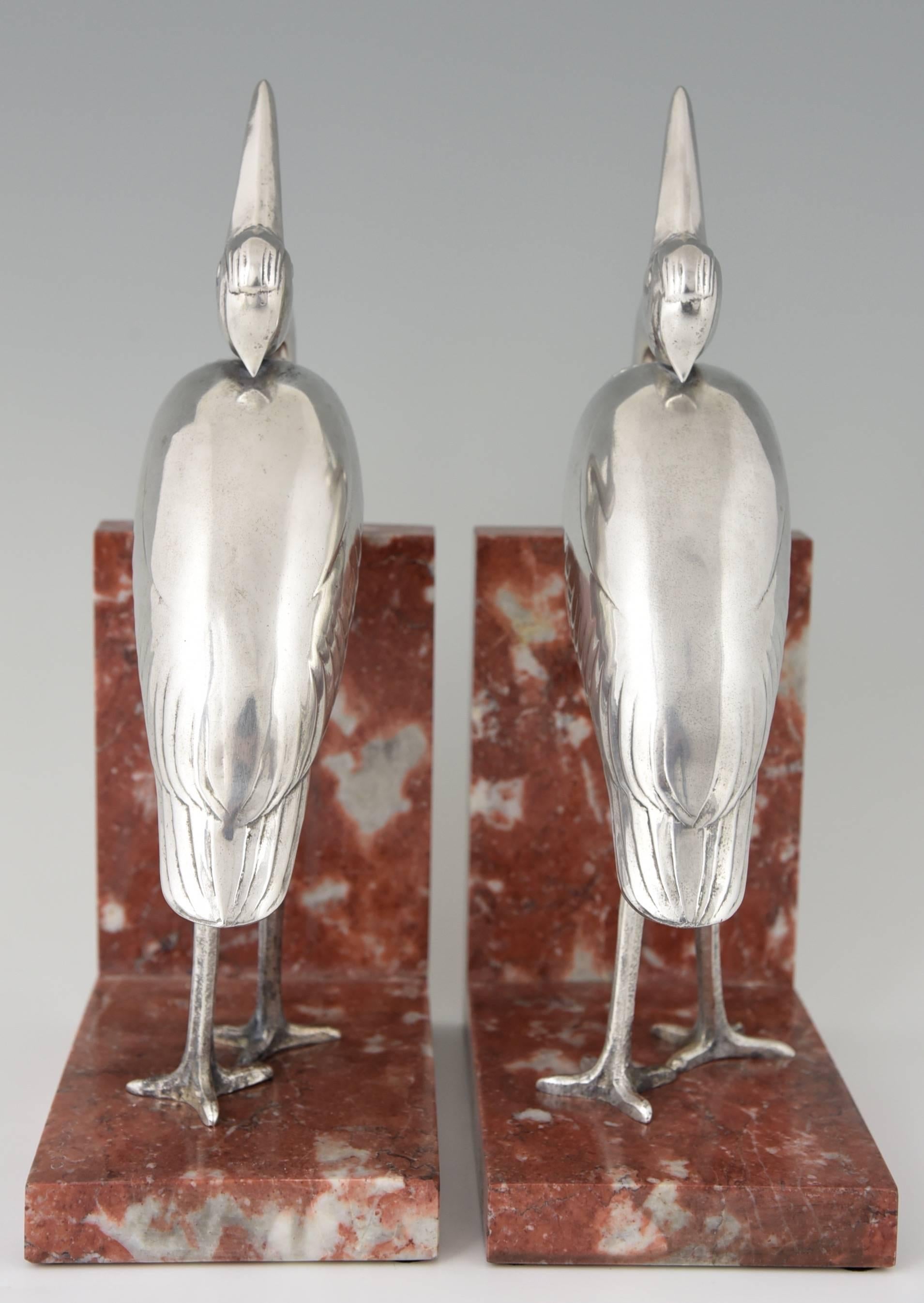 Silvered Art Deco Heron Bird Bookends by Irénée Rochard, France, 1930