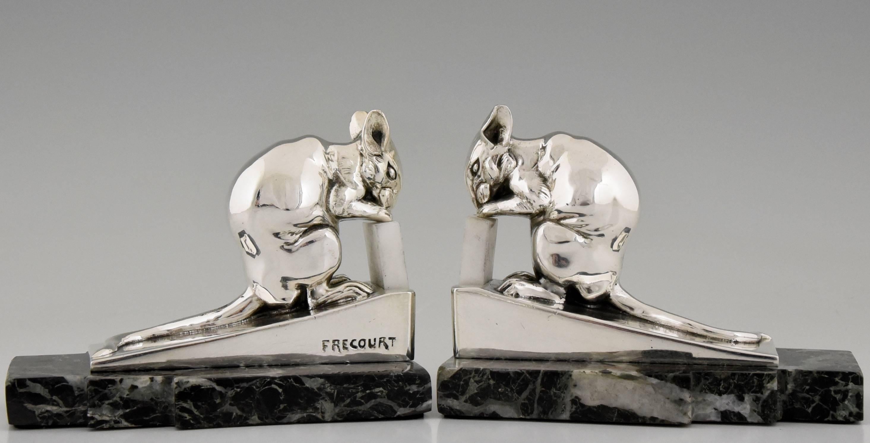 Silvered French Art Deco Slivered Mouse Bookends by Frecourt, 1930