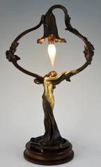 French Art Nouveau Bronze Table Lamp by Jonchery with Nude, 1900