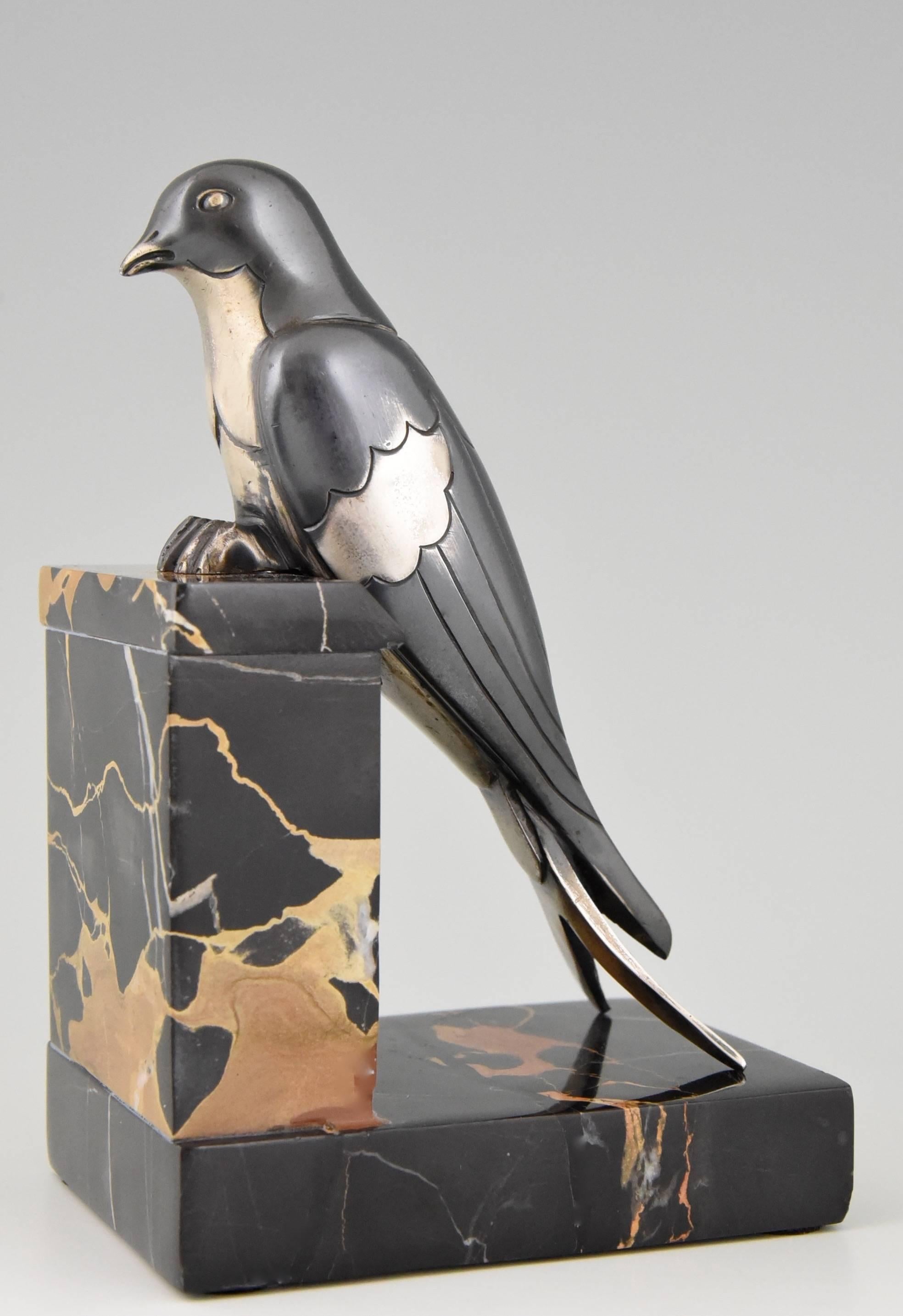 Silvered French Art Deco Bronze Swallow Bird Bookends by S. Bizard, 1930