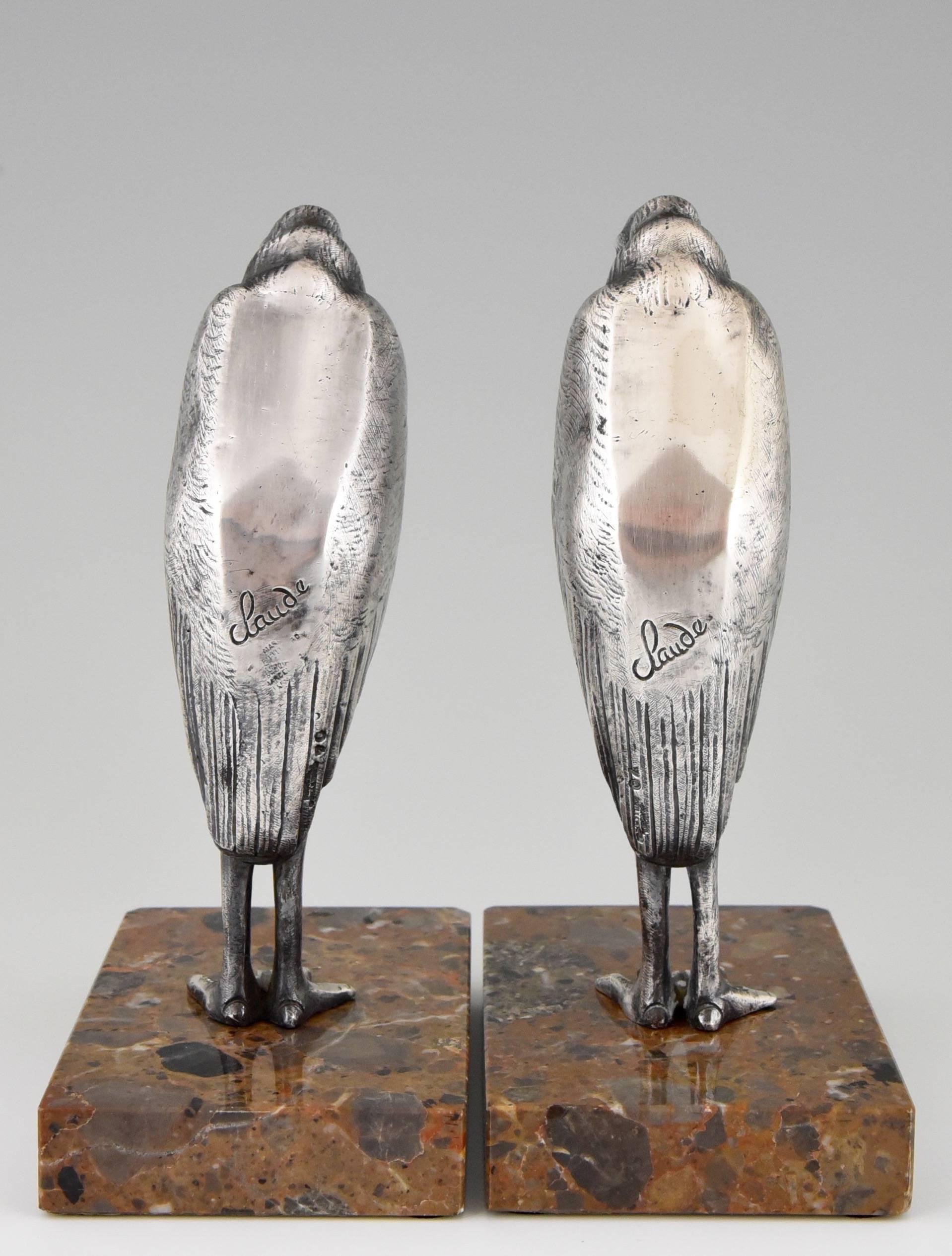 Silvered Art Deco Bonze Marabou Bookends by Claude, M. Guillemard, 1930 France