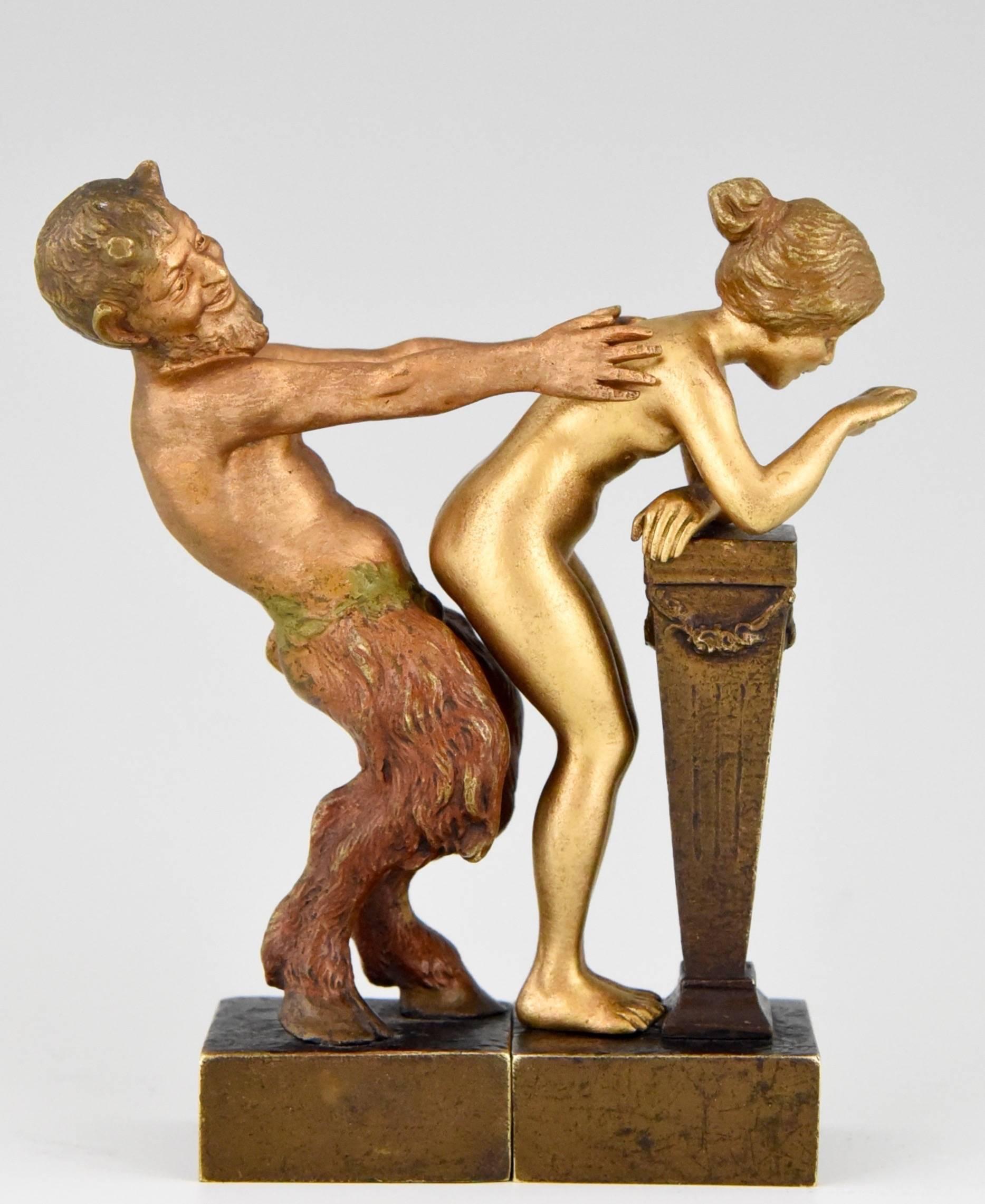 Description: A pair erotic Vienna bronzes, nymph and satyr. Artist/ Maker: Bergman. Marks: Both marked B in a vase. Style: Erotic. Date: 1910. Material: Cold painted bronze. Origin: Austria. Size of one: H 11. 5 cm x L 5,5 cm. x W 3.3 cm. H 4.5 inch