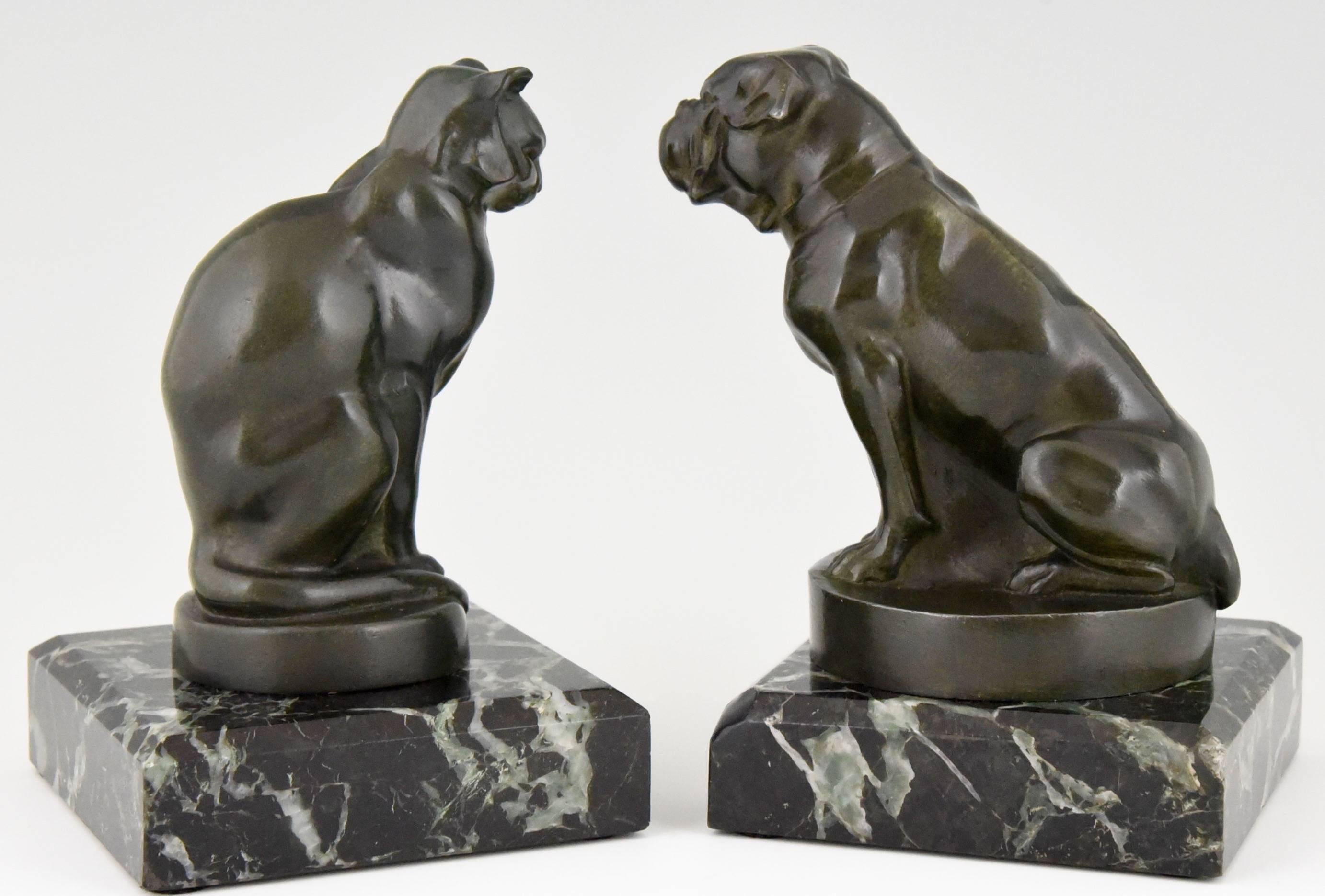 Patinated French Art Deco Cat and Bulldog Bookends by Max Le Verrier, 1930