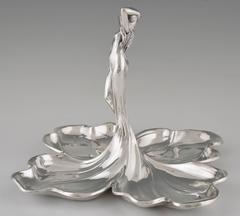 Art Nouveau Silvered Dish with Lady by WMF, 1906