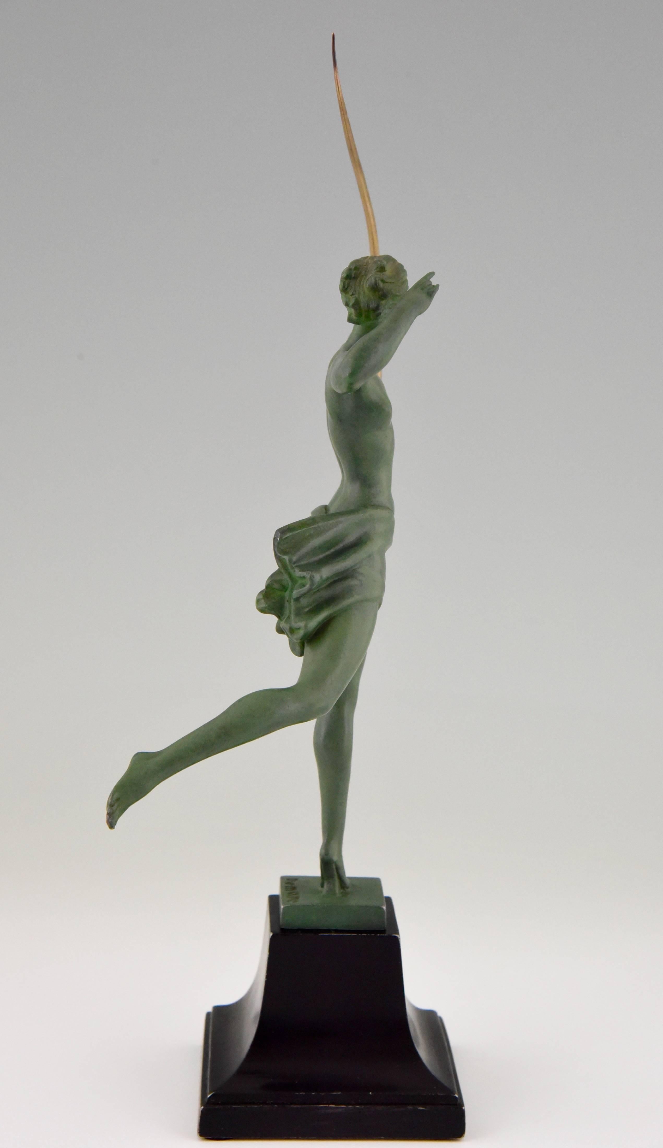 Metal French Art Deco Sculpture of Diana Nude with Bow by De Marco, 1930