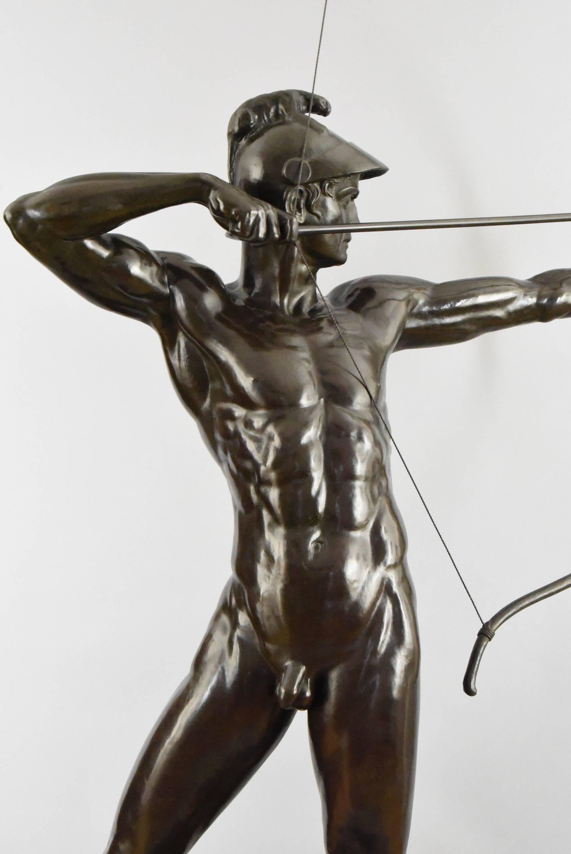 German Life size Bronze Sculpture Male Nude Archer by Ernst Moritz Geyger H. 60 inch