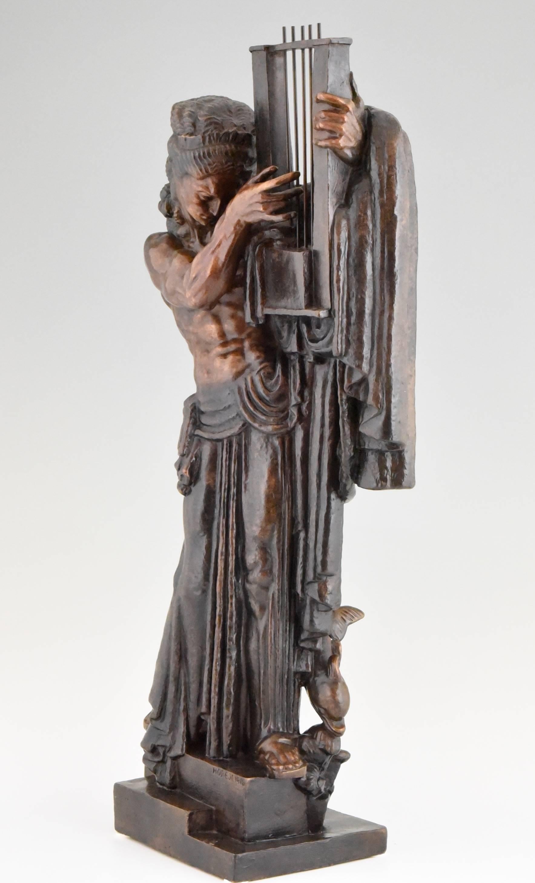 Patinated Art Deco Bronze Sculpture of Orpheus with Lyre by Horejc, 1916