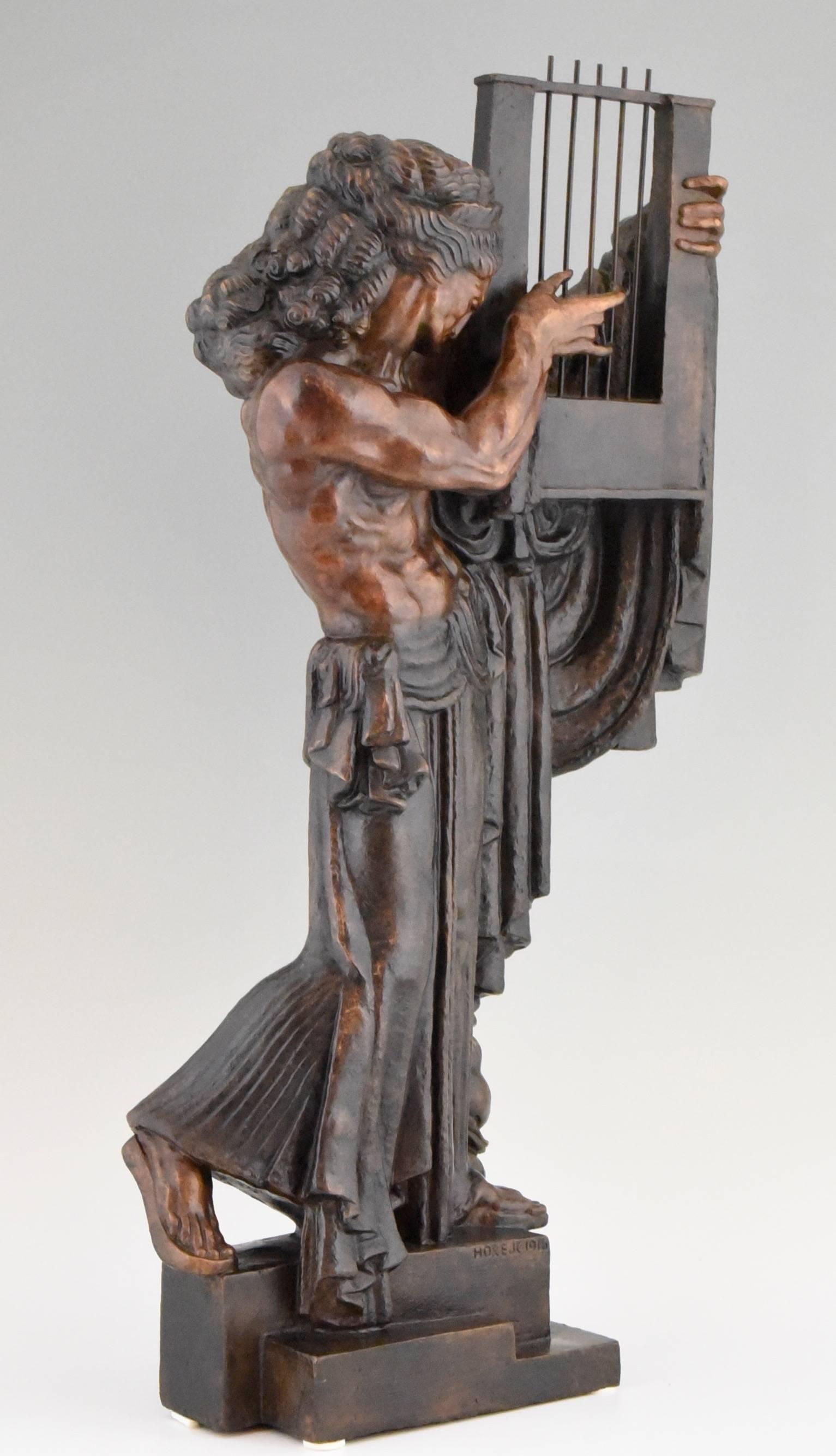 Czech Art Deco Bronze Sculpture of Orpheus with Lyre by Horejc, 1916