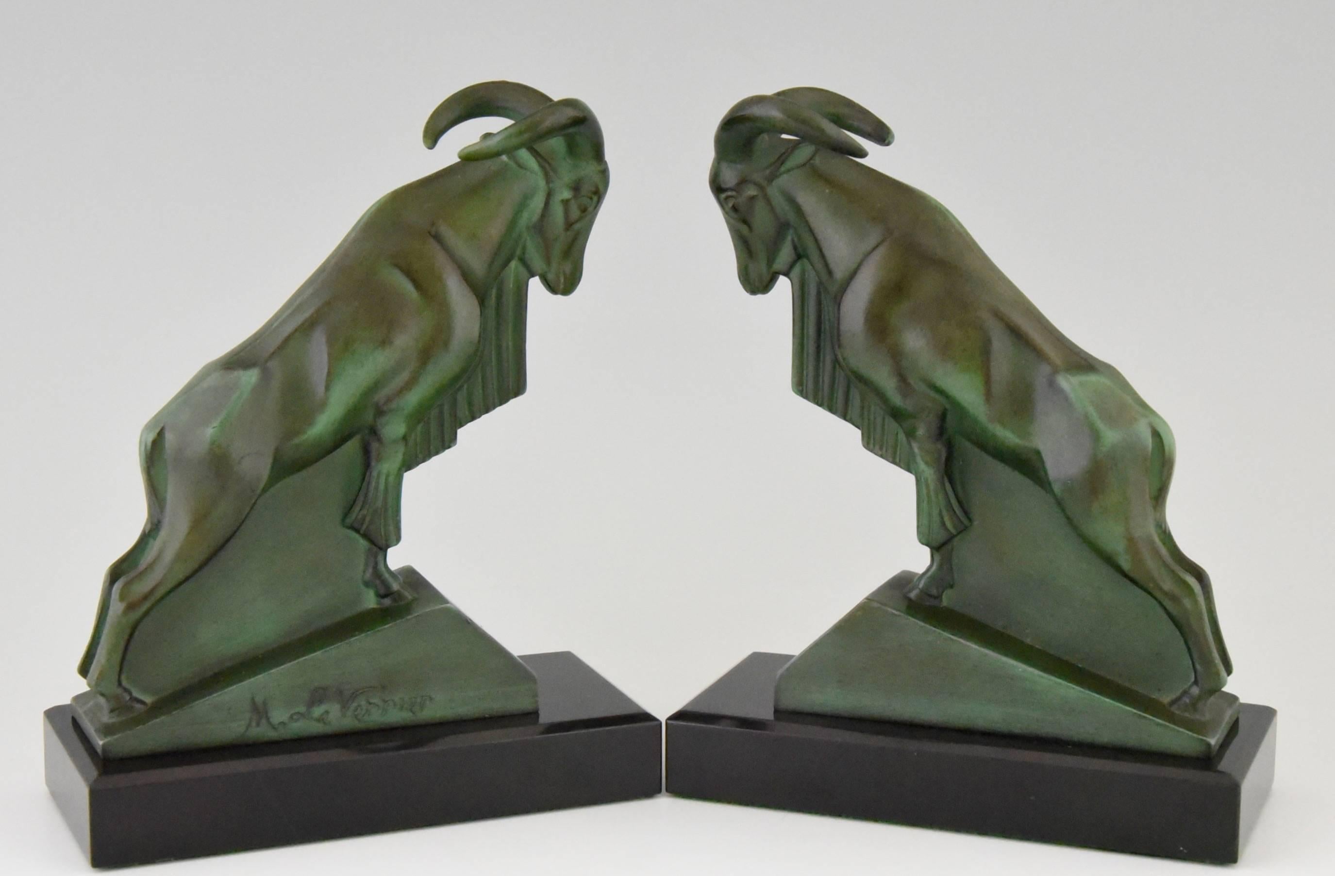 Description:  Art Deco ram bookends. Artist / Maker: Max Le Verrier. Signature / Marks:  M. Le Verrier. Style:  Art Deco. Date:  1930. Material:  Green patinated metal.  Marble bases. Origin: France. Size of one:   H. 6.5 inch x L. 5.3 inch x W. 2.4