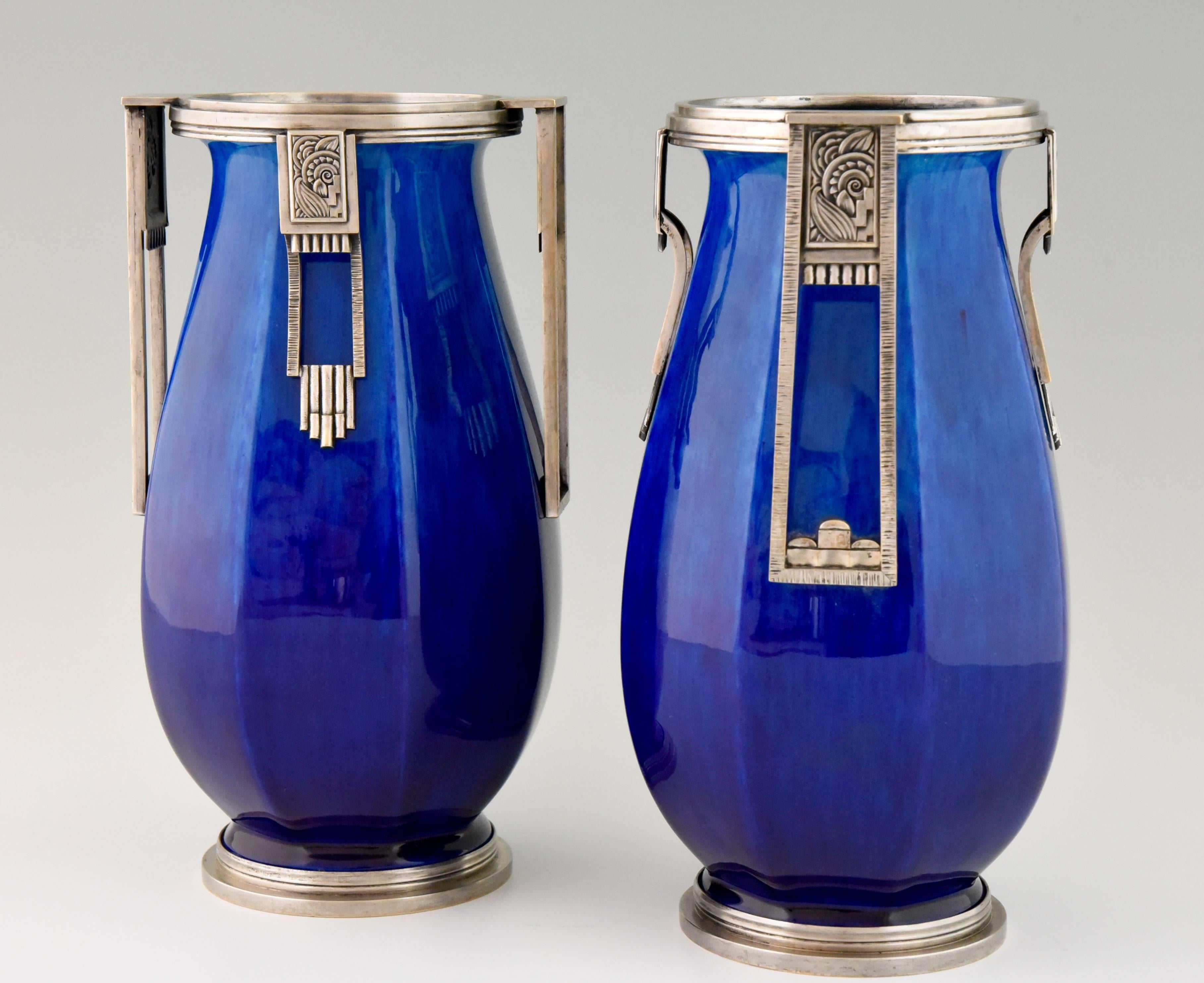 French Art Deco Ceramic and Silvered Bronze Vases by Paul Milet for Sevres, 1925 1