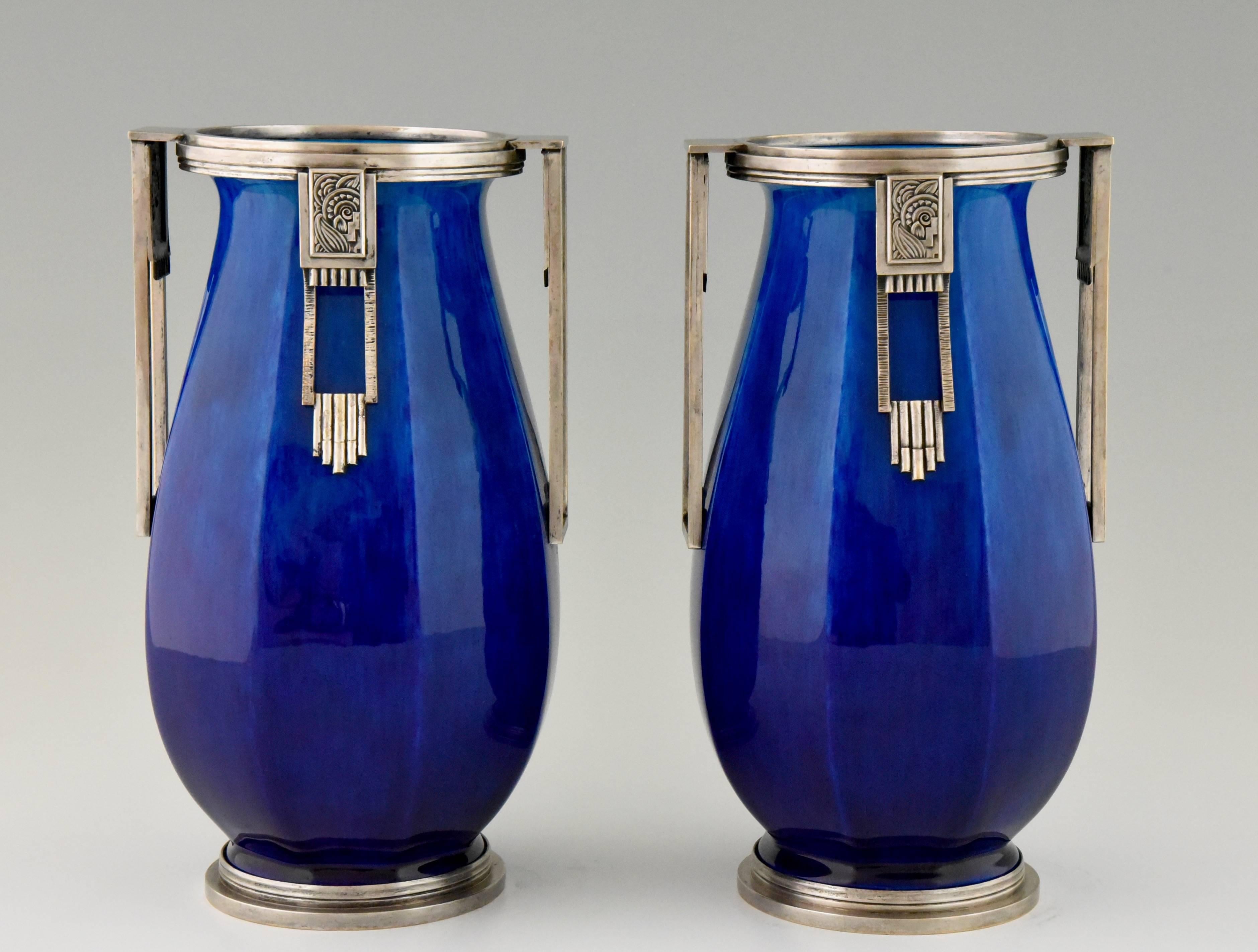 French Art Deco Ceramic and Silvered Bronze Vases by Paul Milet for Sevres, 1925 In Good Condition In Antwerp, BE