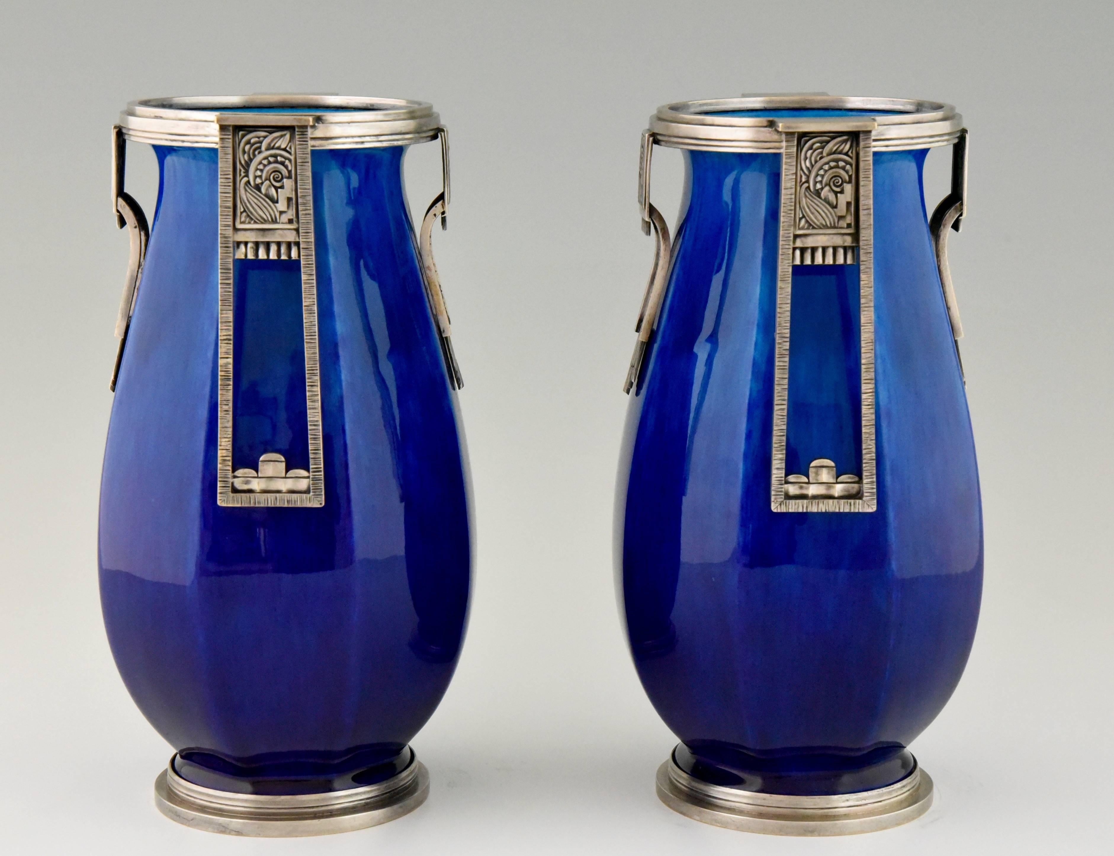 Early 20th Century French Art Deco Ceramic and Silvered Bronze Vases by Paul Milet for Sevres, 1925