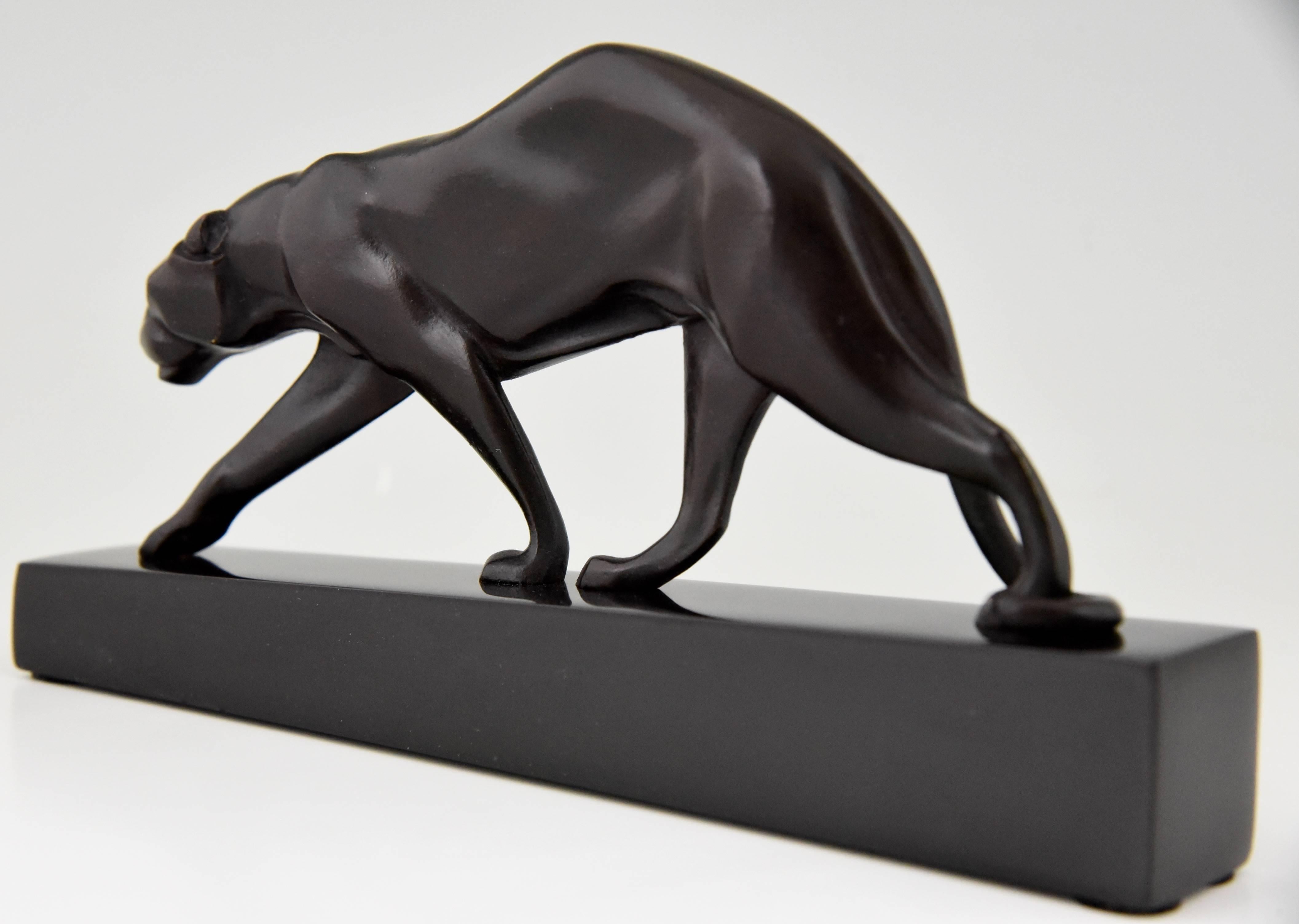 Patinated Art Deco Bronze Panther sculpture Maurice Prost, Susse Freres, 1925, L. 7.2 inch