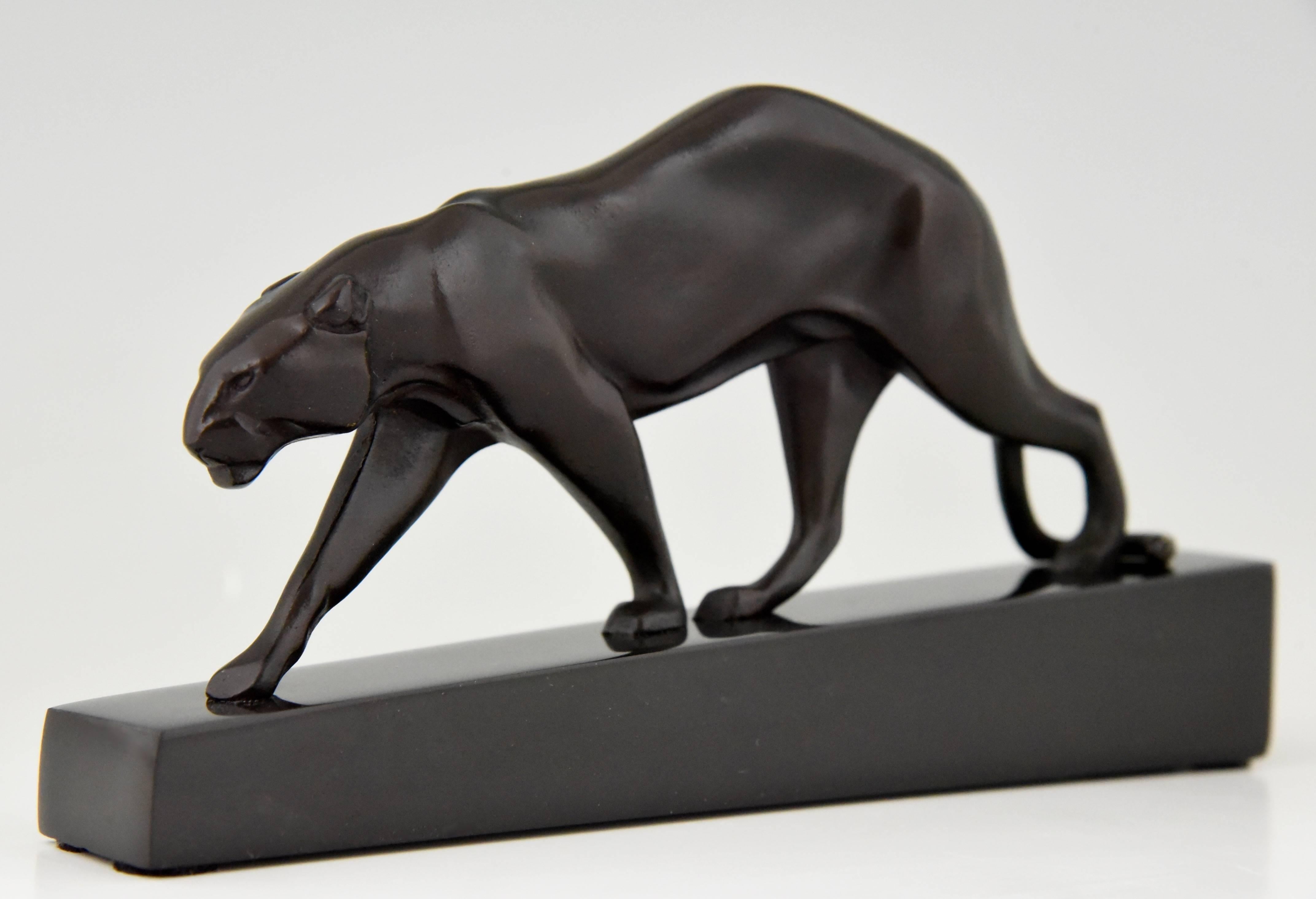 French Art Deco Bronze Panther sculpture Maurice Prost, Susse Freres, 1925, L. 7.2 inch