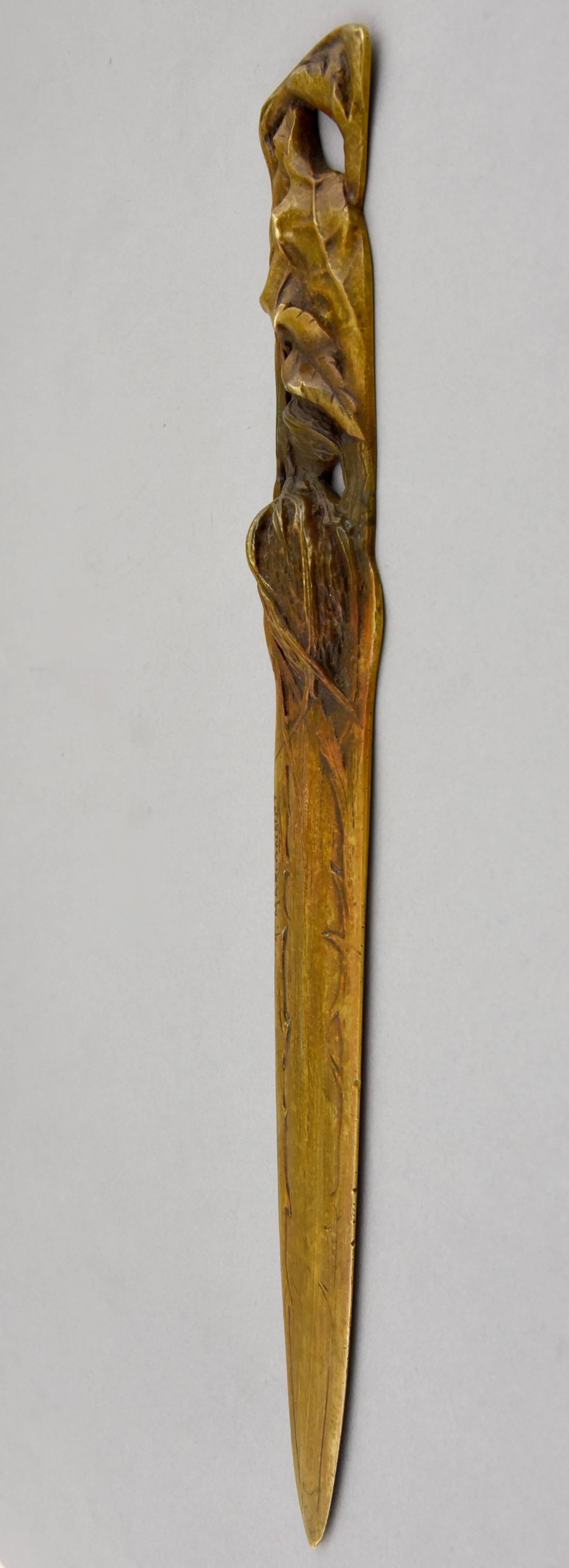 Description:  Art Nouveau bronze thistle bookmark.
Artist/ maker: A. Marionnet.
Signature/ marks: A. Marionnet,  France.
Style:  Art Nouveau.
Date: circa 1900.
Material: Bronze, patinated.
Origin: France,
Size: 
L. 12.2 inch. X W. 1.7