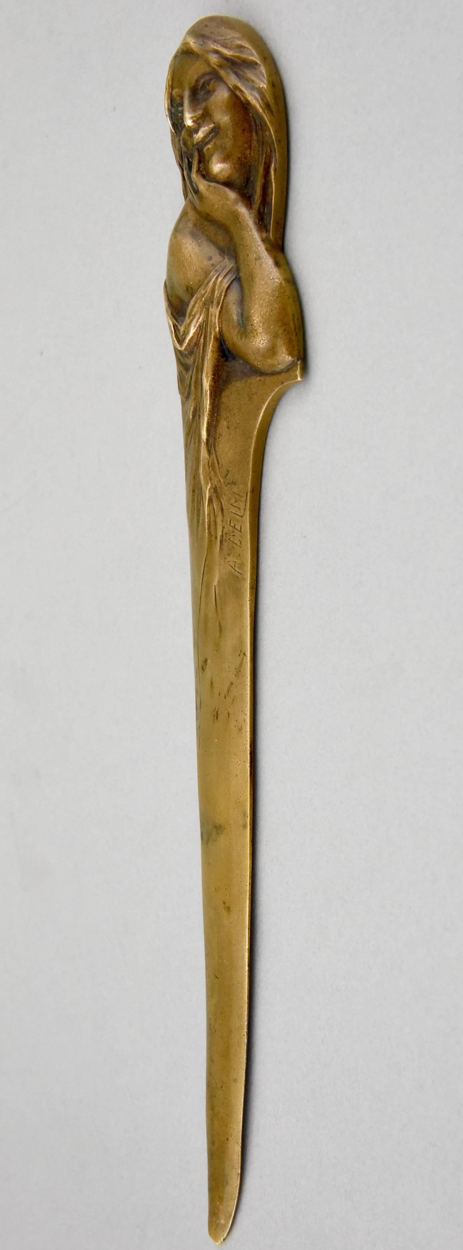 French Art Nouveau Bronze Letteropener with Lady, Signed A. Delm, 1900 In Good Condition In Antwerp, BE