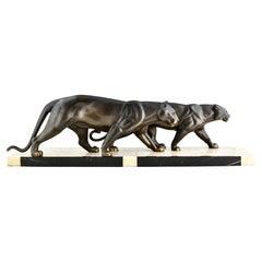 Art Deco Sculpture two Panthers by M. Leducq on Marble Base, France 1930