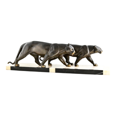 Art Deco Sculpture two Panthers by M. Leducq on Marble Base, France 1930