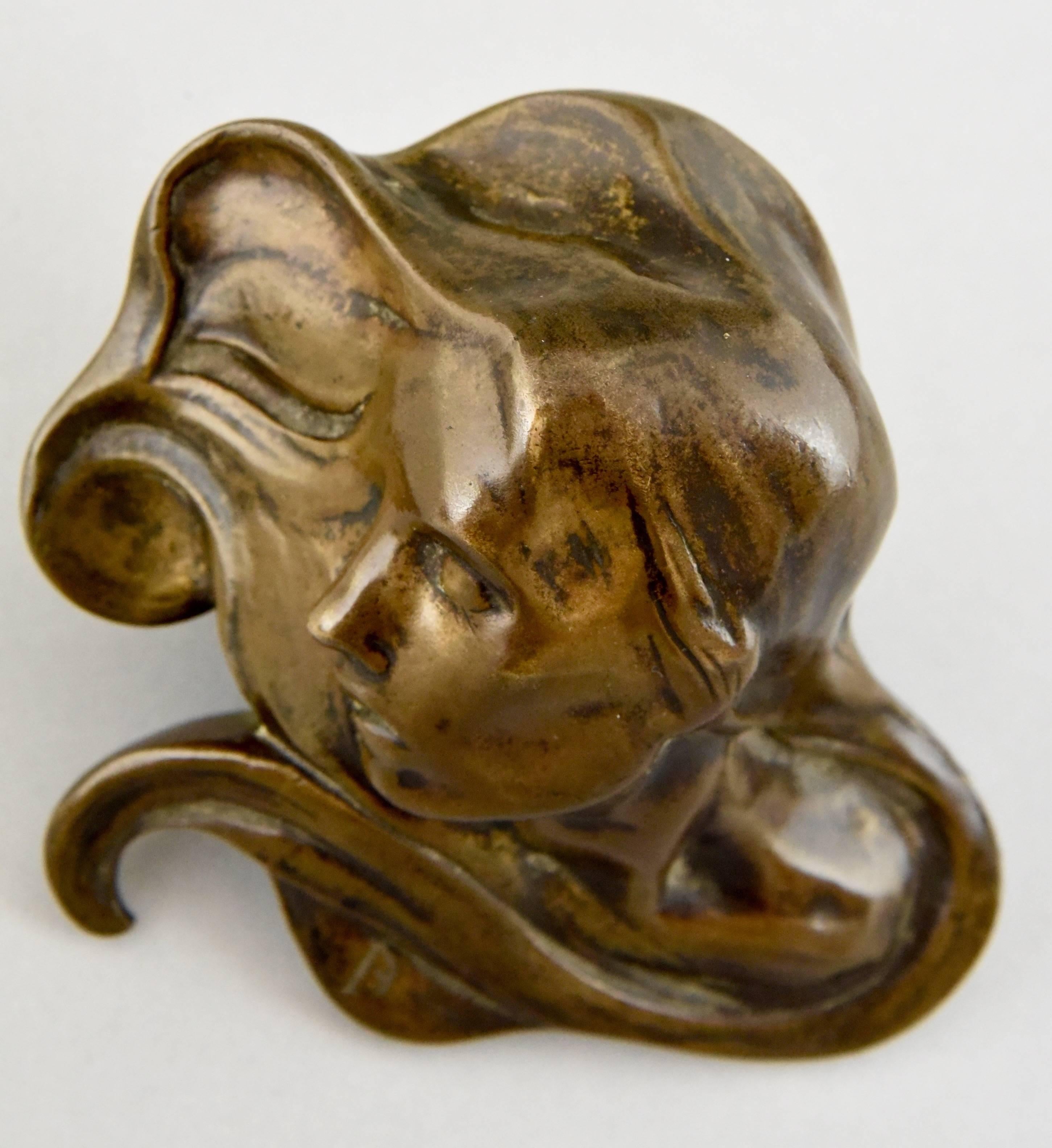 Patinated Art Nouveau Bronze Paperweight Women's Profile Paul Dubois, 1900